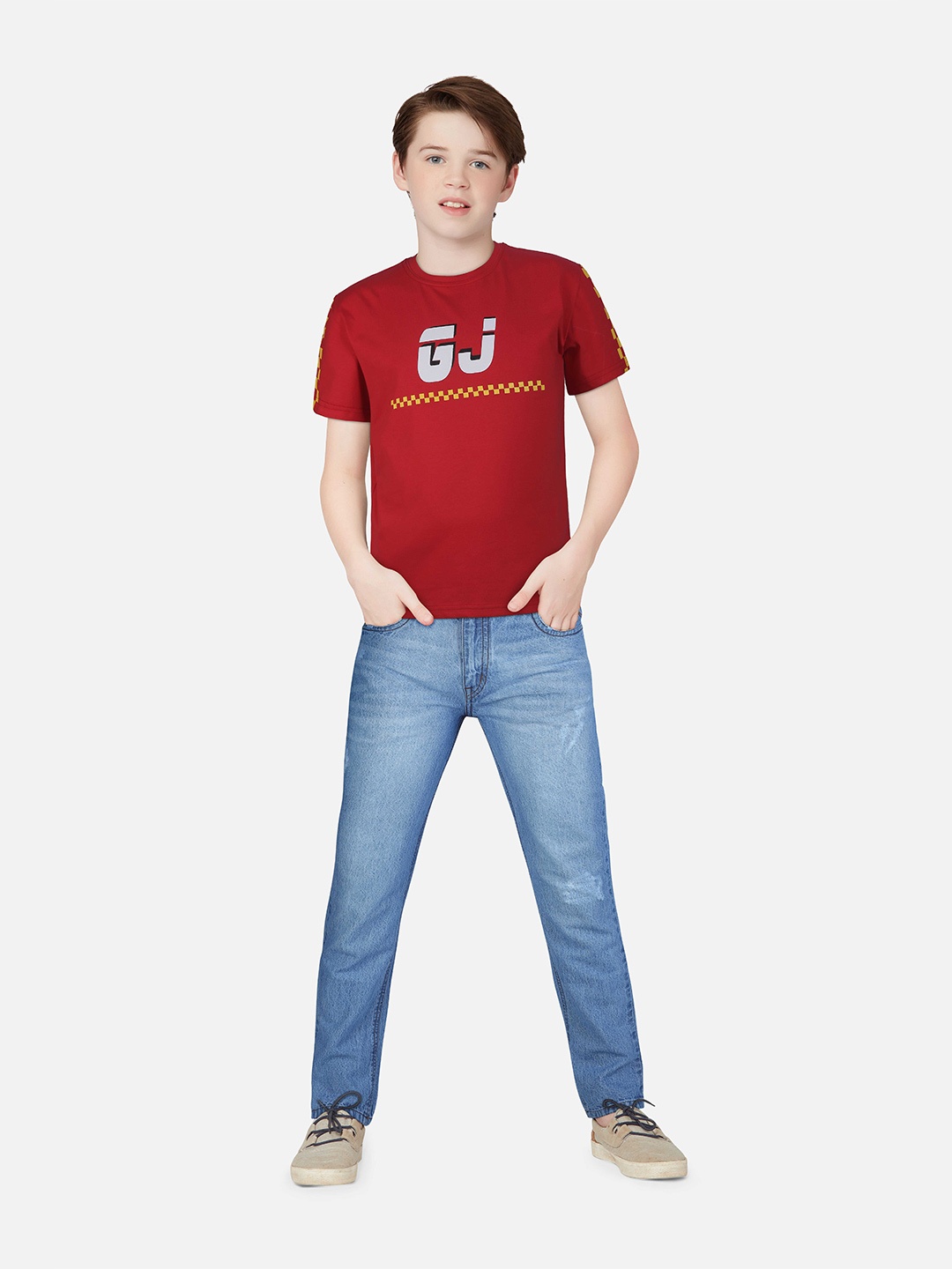Gini and Jony Boys Typography Printed Cotton T-shirt, Red