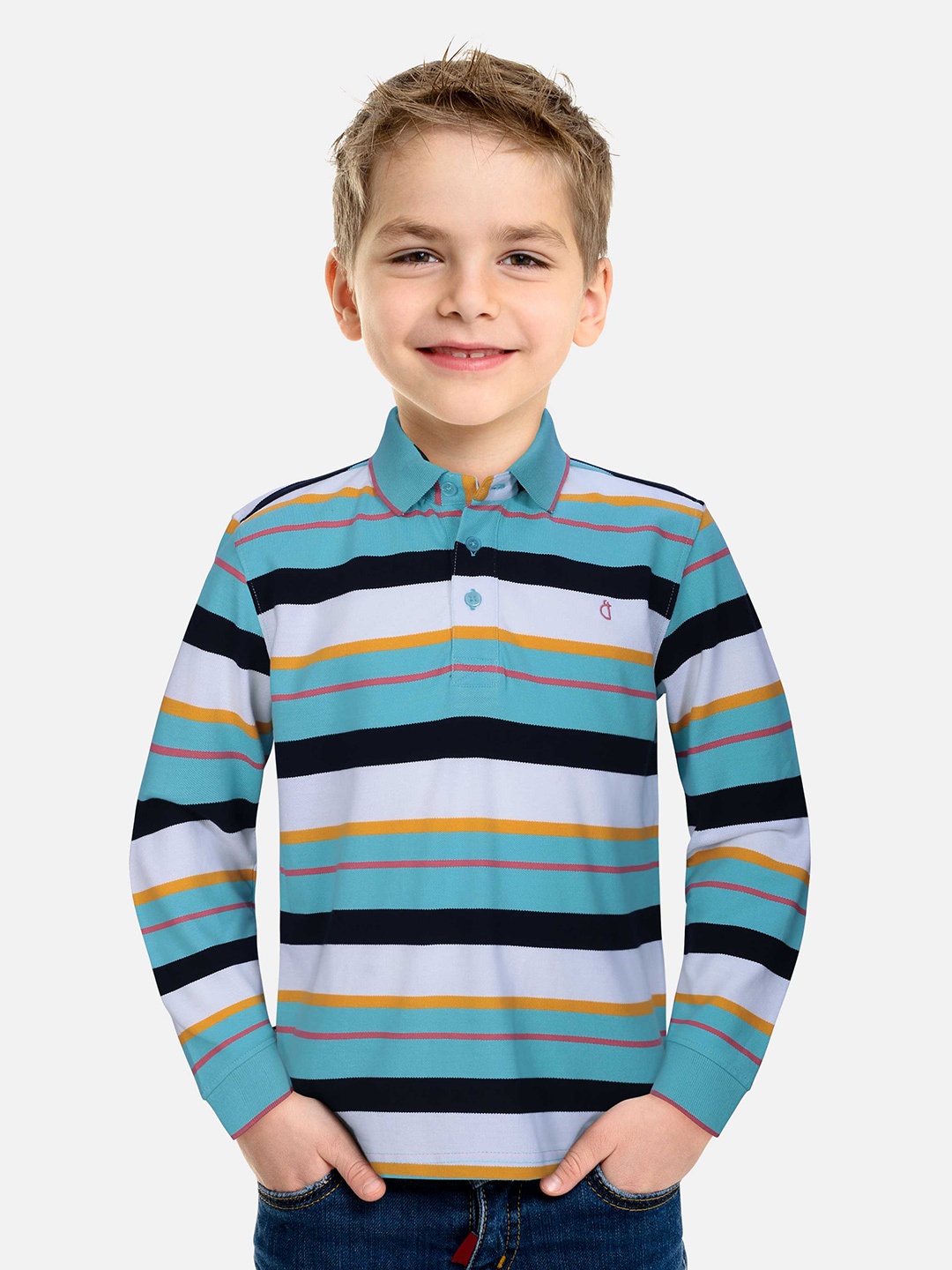 Gini and Jony Boys Striped Polo Collar Cotton T-shirt, Turquoise blue