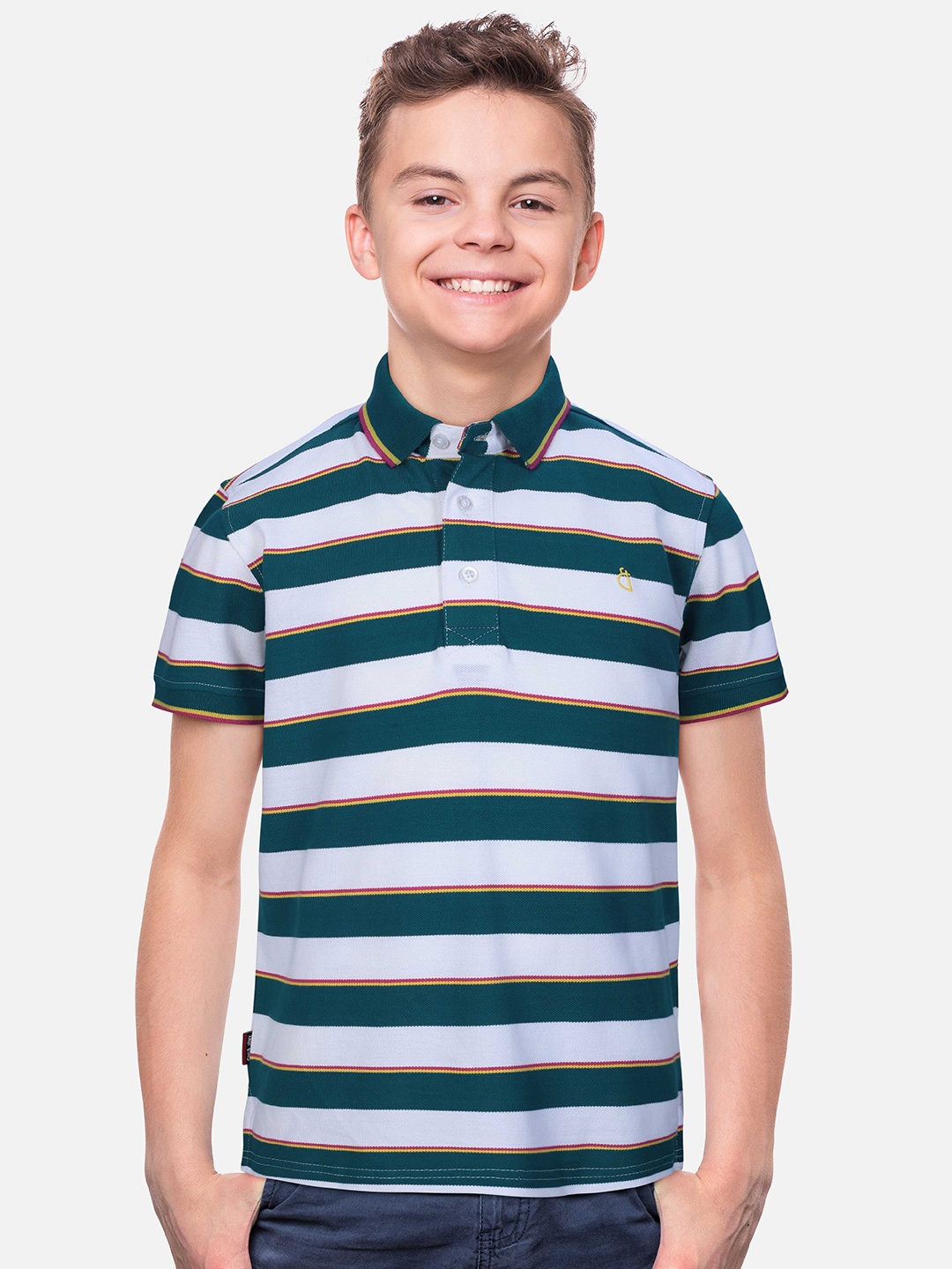 

Gini and Jony Boys Polo Collar Striped Cotton T-shirt, Green