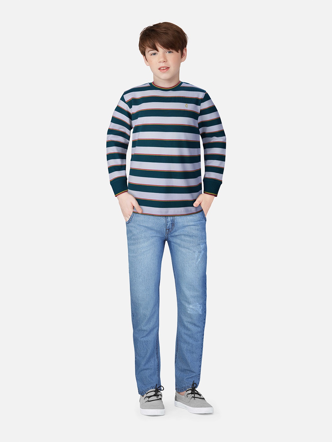 

Gini and Jony Boys Striped Cotton T-shirt, Teal