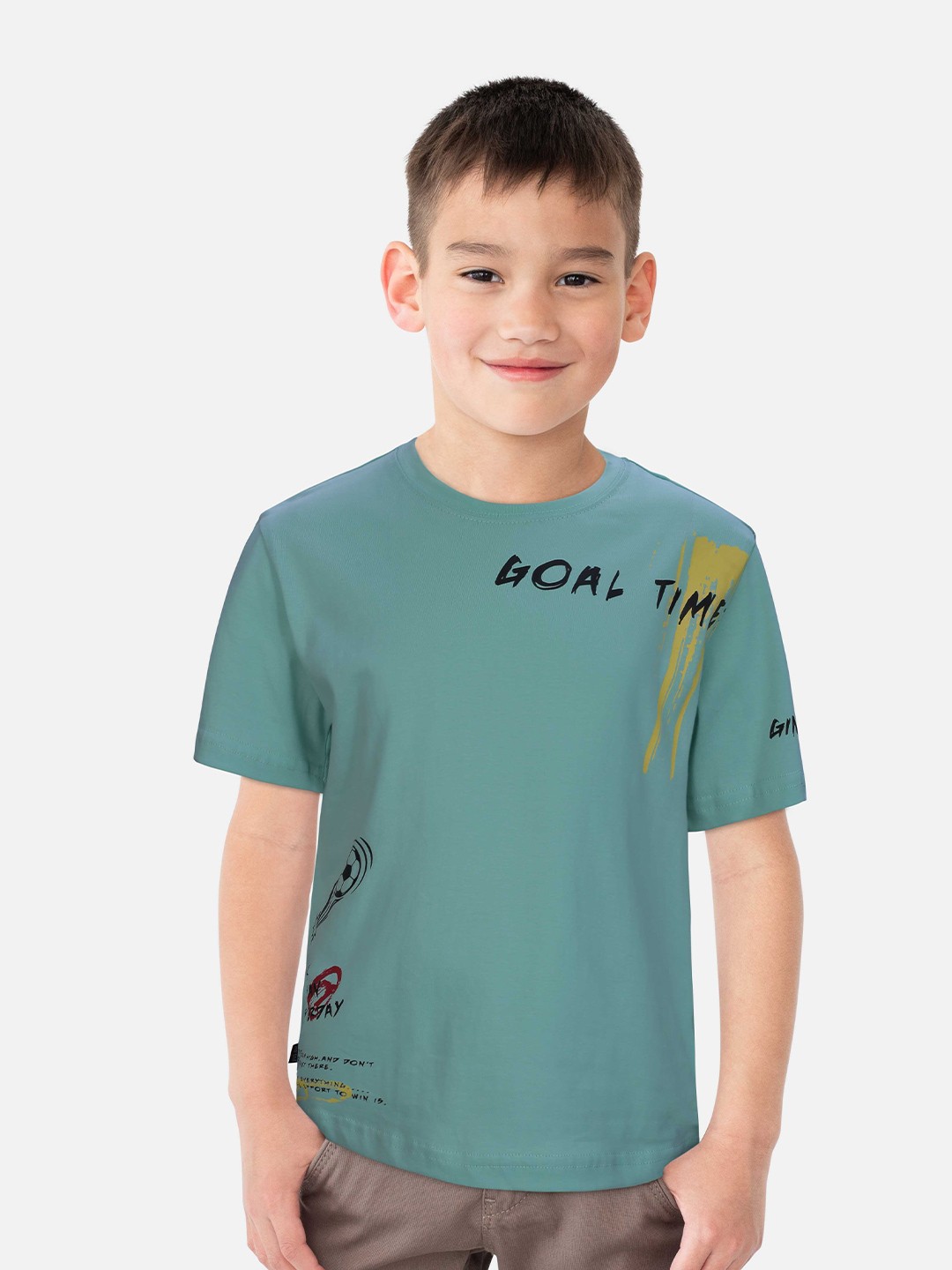 

Gini and Jony Boys Round Neck Typography Printed Cotton T-shirt, Sea green