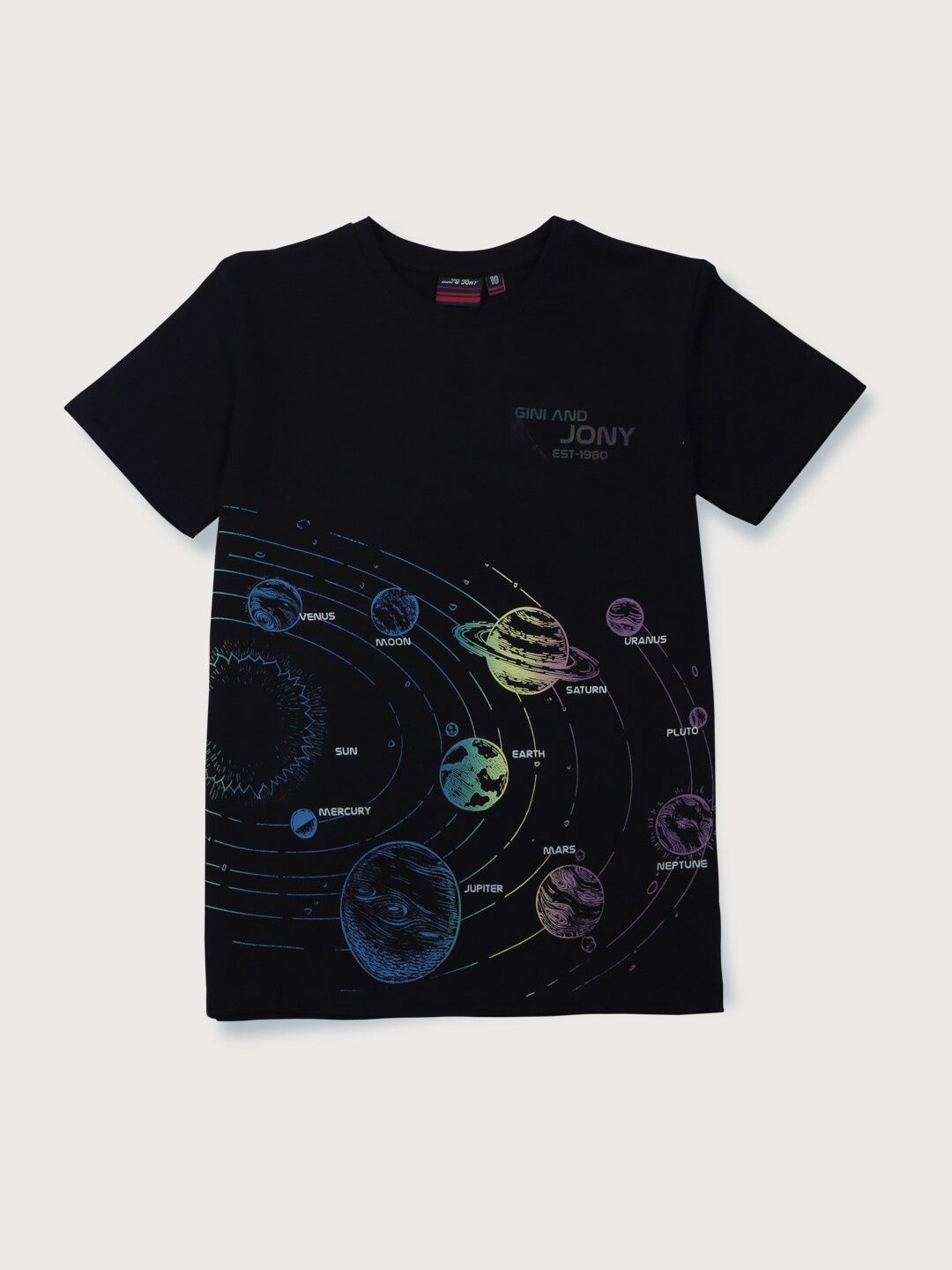 Gini and Jony Boys Solar System Printed Cotton T-shirt, Black