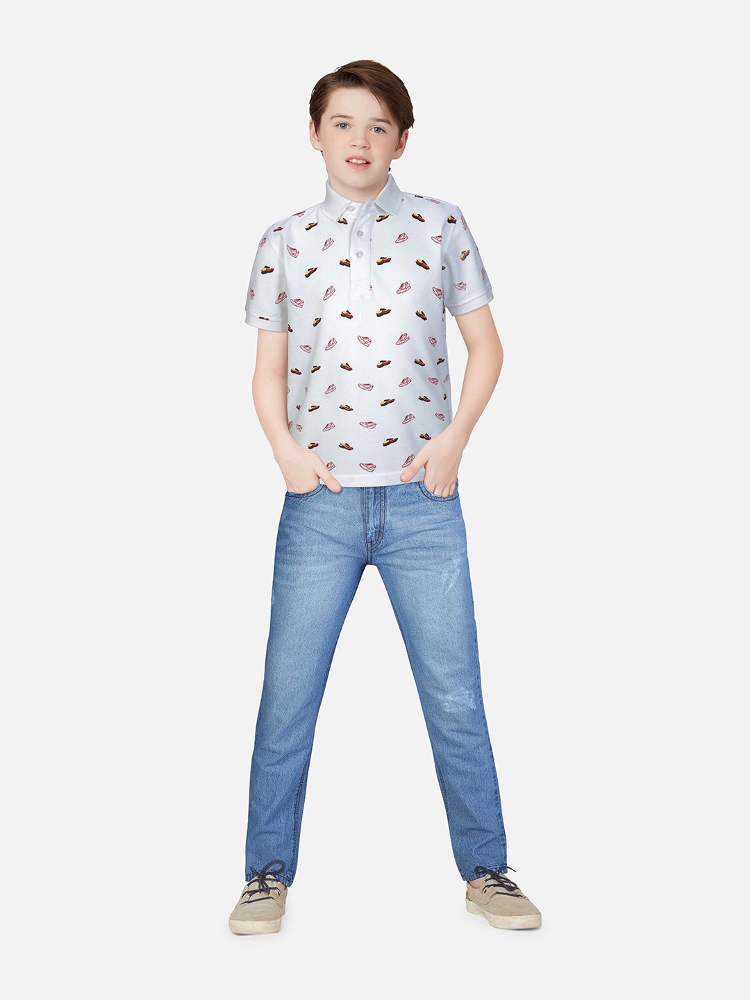 

Gini and Jony Boys Printed Polo Collar Cotton T-shirt, White
