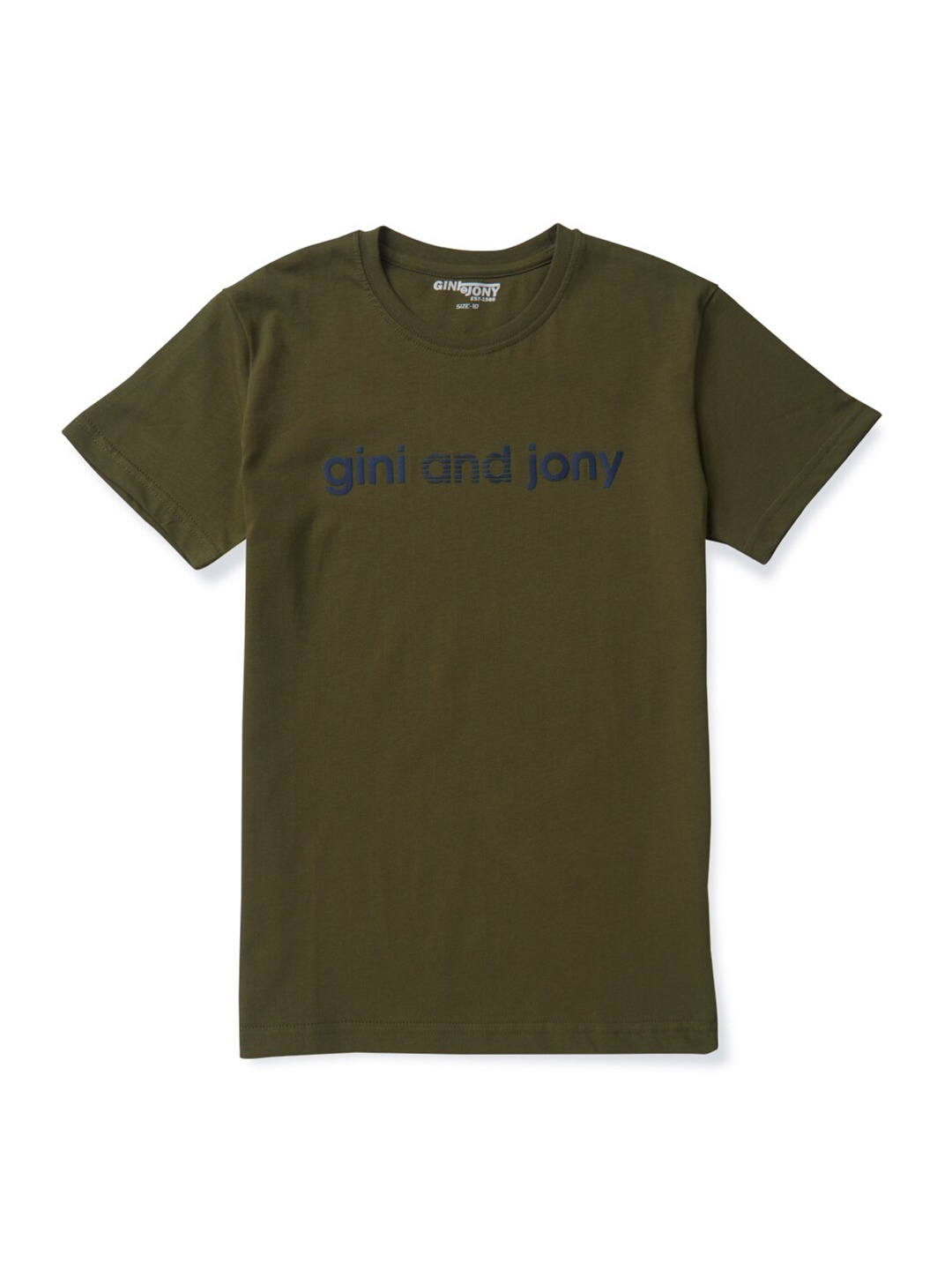 Gini and Jony Boys Typography Printed Cotton T-shirt, Olive