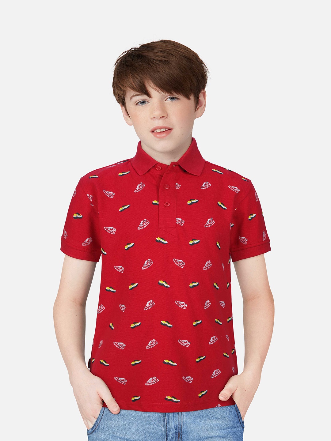 

Gini and Jony Boys Conversational Printed Polo Collar Cotton T-shirt, Red