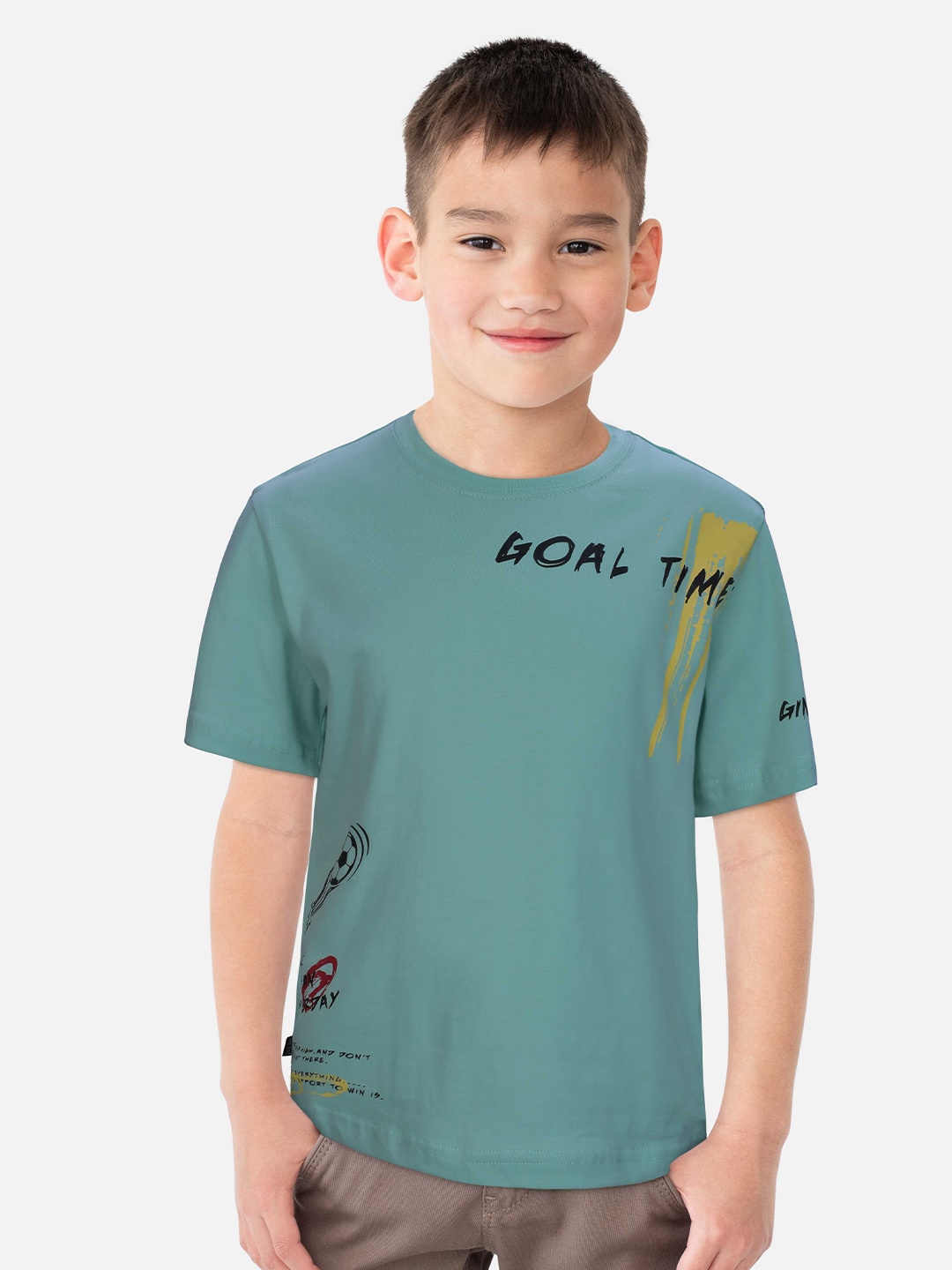 

Gini and Jony Boys Typography Printed Cotton T-shirt, Sea green