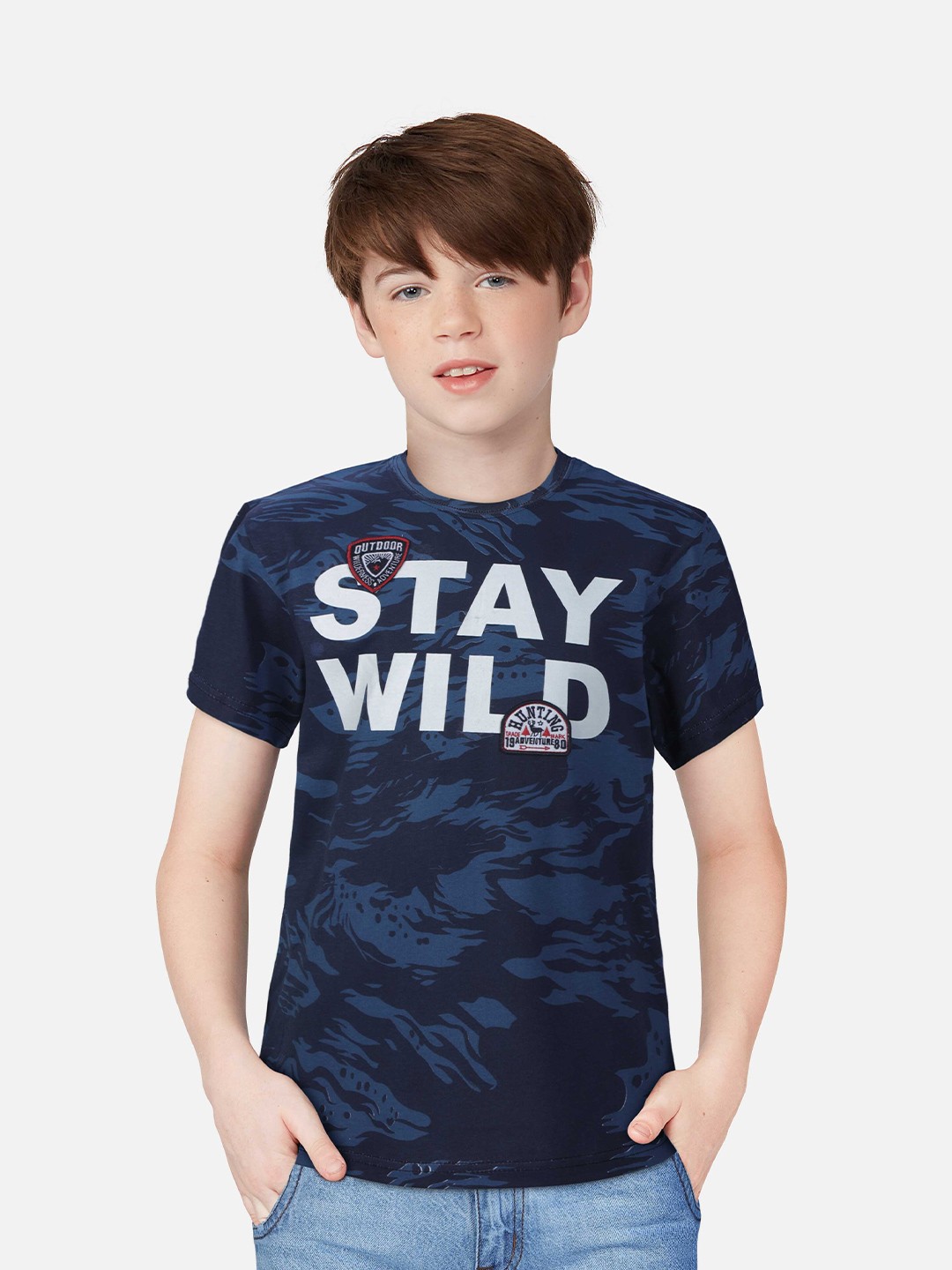 

Gini and Jony Boys Navy Blue Camouflage Printed Applique T-shirt