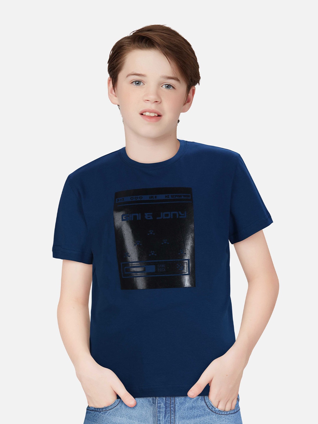 

Gini and Jony Boys Typography Printed T-shirt, Blue