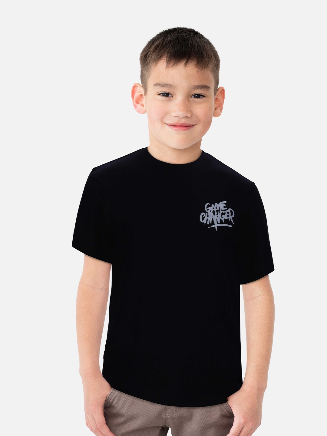 Gini and Jony Boys Typography Printed Cotton T-shirt, Black