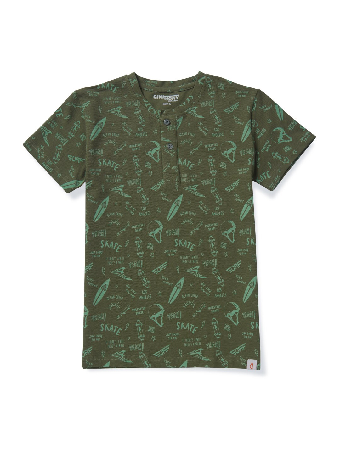 

Gini and Jony Boys Typography Printed Henley Neck Cotton T-shirt, Olive