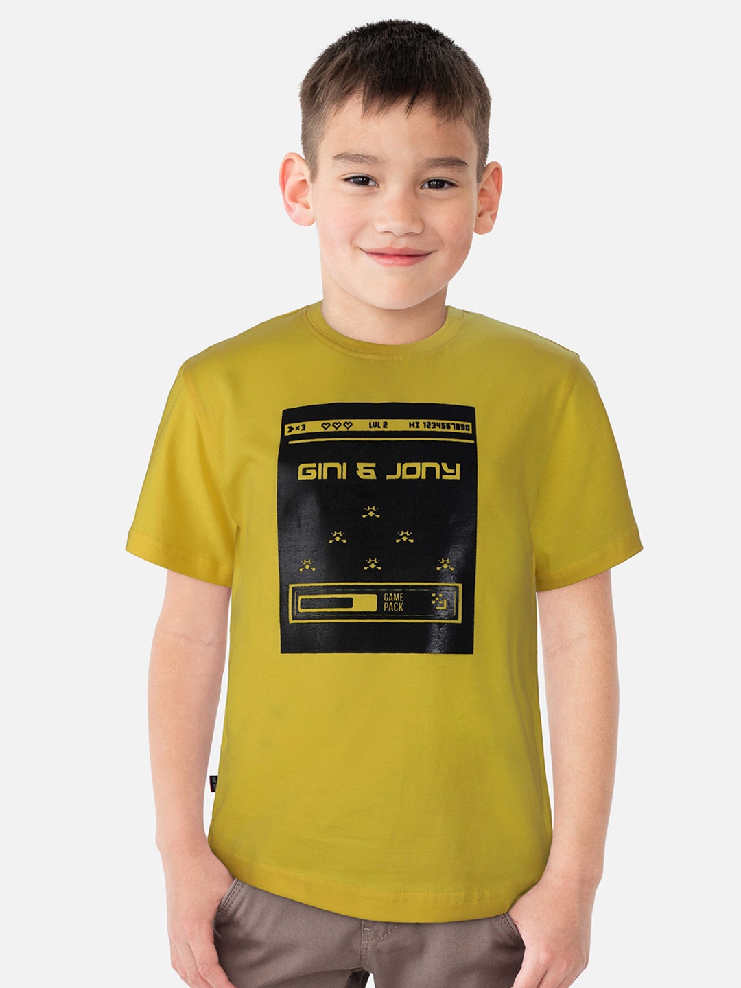 

Gini and Jony Boys Graphic Printed Cotton T-Shirt, Mustard