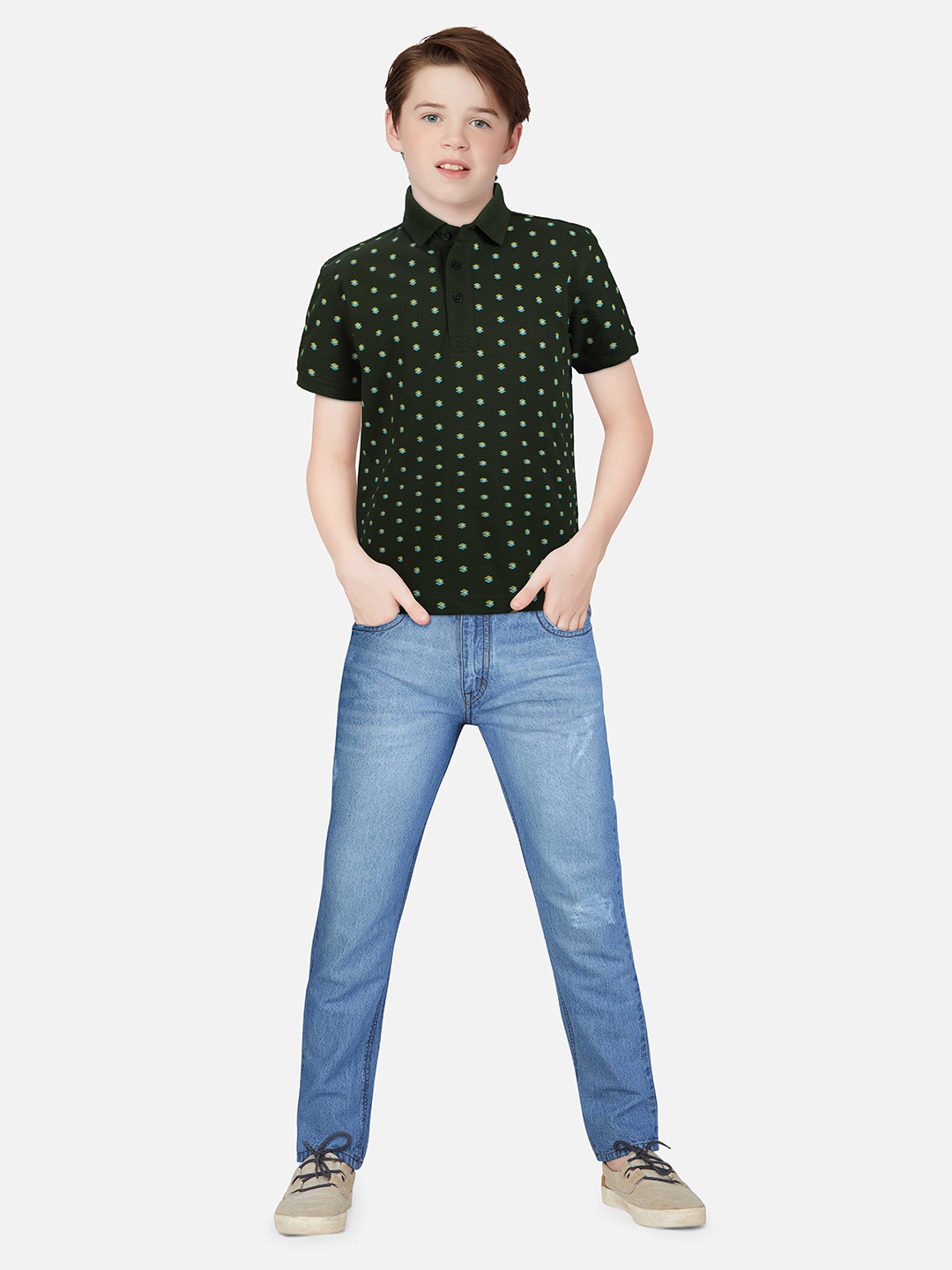 

Gini and Jony Boys Conversational Printed Polo Collar Cotton T-Shirt, Green