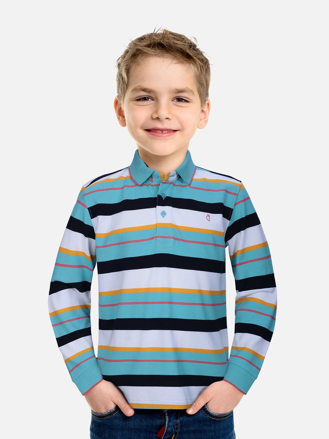 Gini and Jony Boys Striped Polo Collar Cotton T-shirt, Turquoise blue