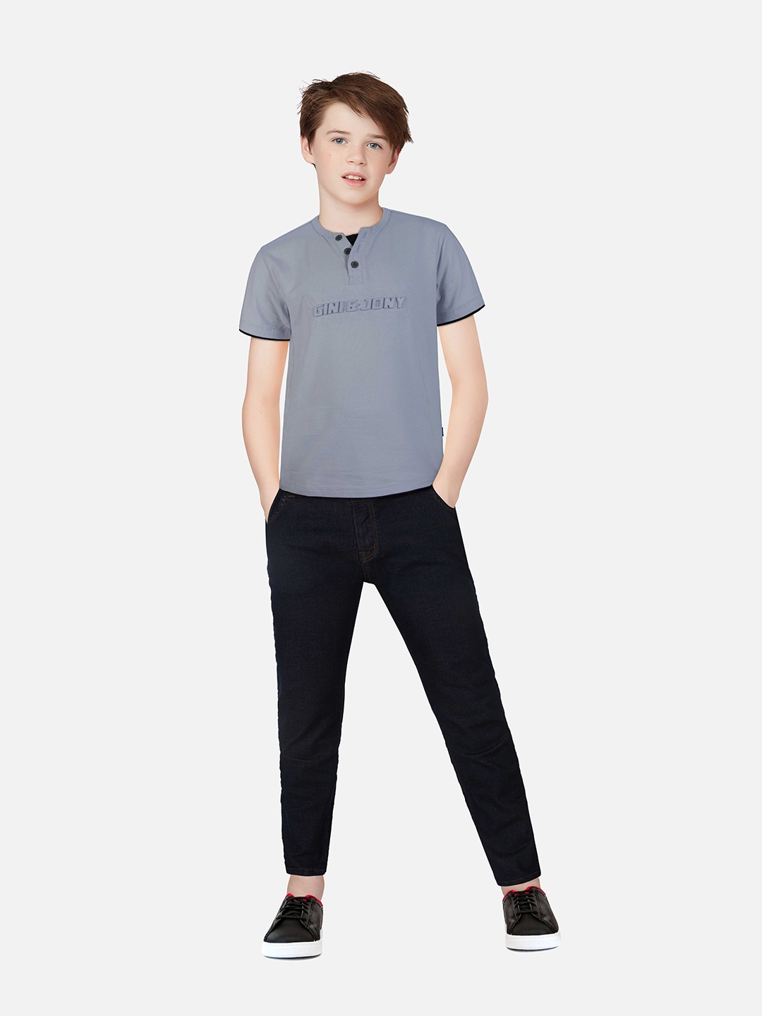 

Gini and Jony Boys Typography Henley Neck Cotton T-shirt, Grey