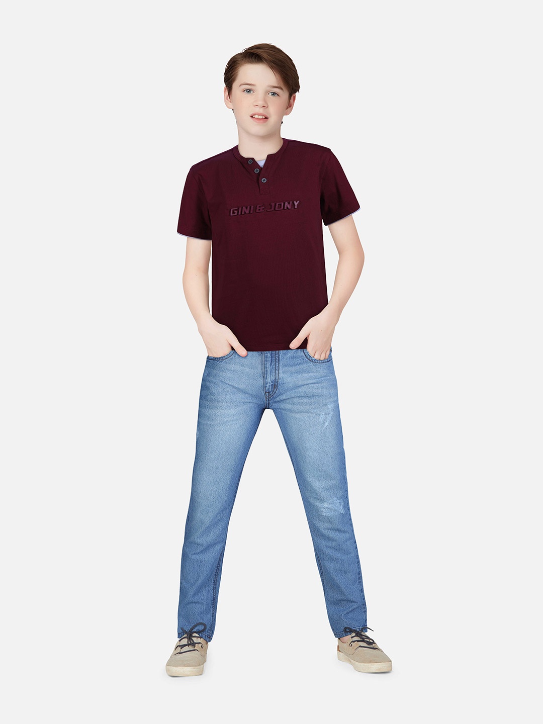 

Gini and Jony Boys Printed Cotton T-shirt, Maroon