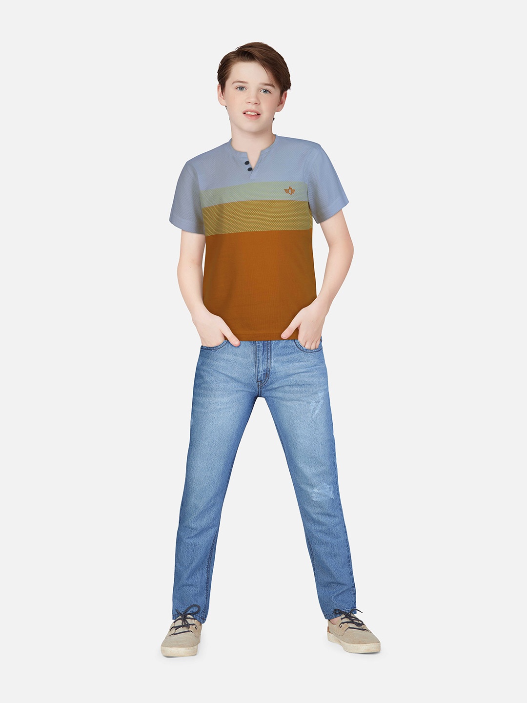 Gini and Jony Boys Colourblocked Henley Neck Cotton T-shirt, Rust