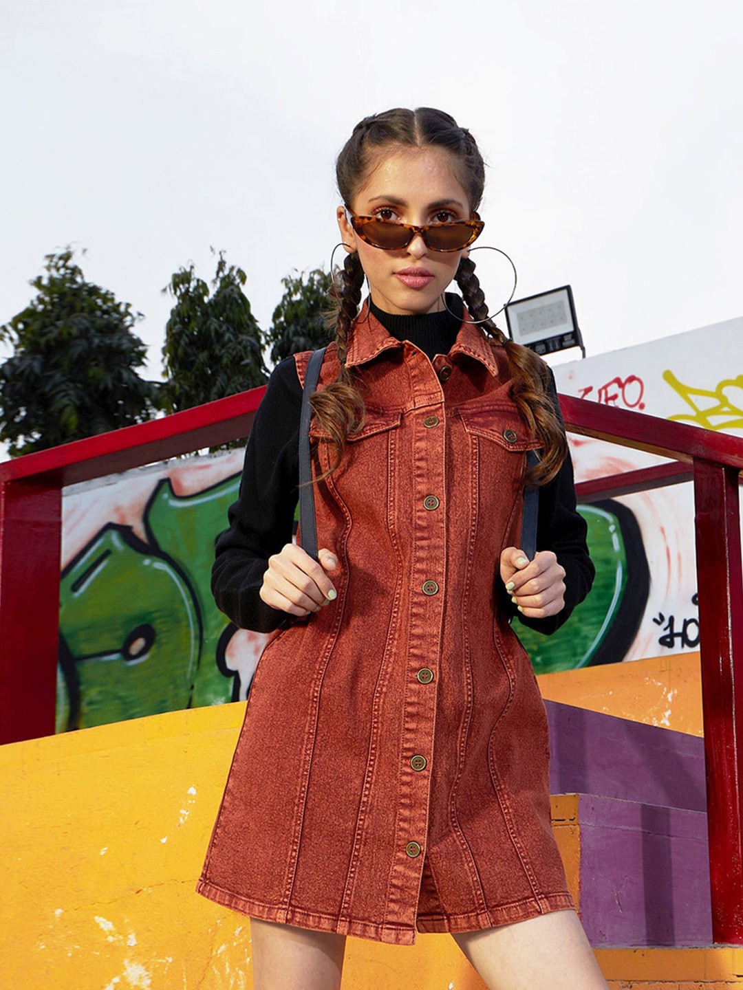 

Noh.Voh - SASSAFRAS Kids Girls Acid Wash Denim Cotton Shirt Dress, Rust