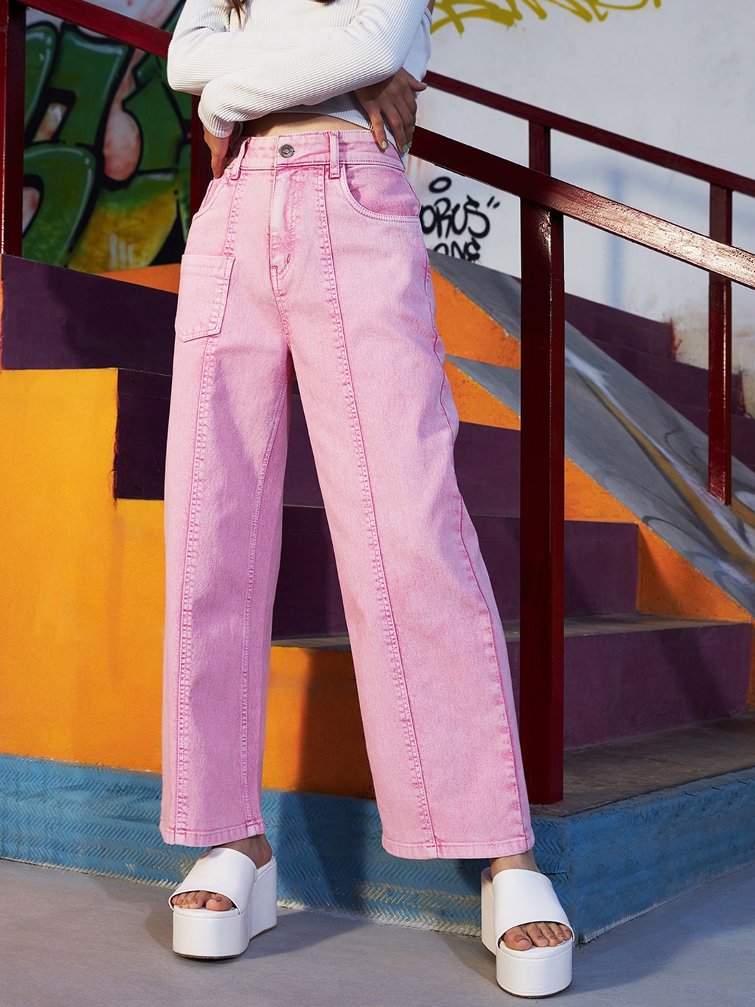 

Noh.Voh - SASSAFRAS Kids Girls Pink Comfort Straight Fit Acid Wash Stretchable Jeans