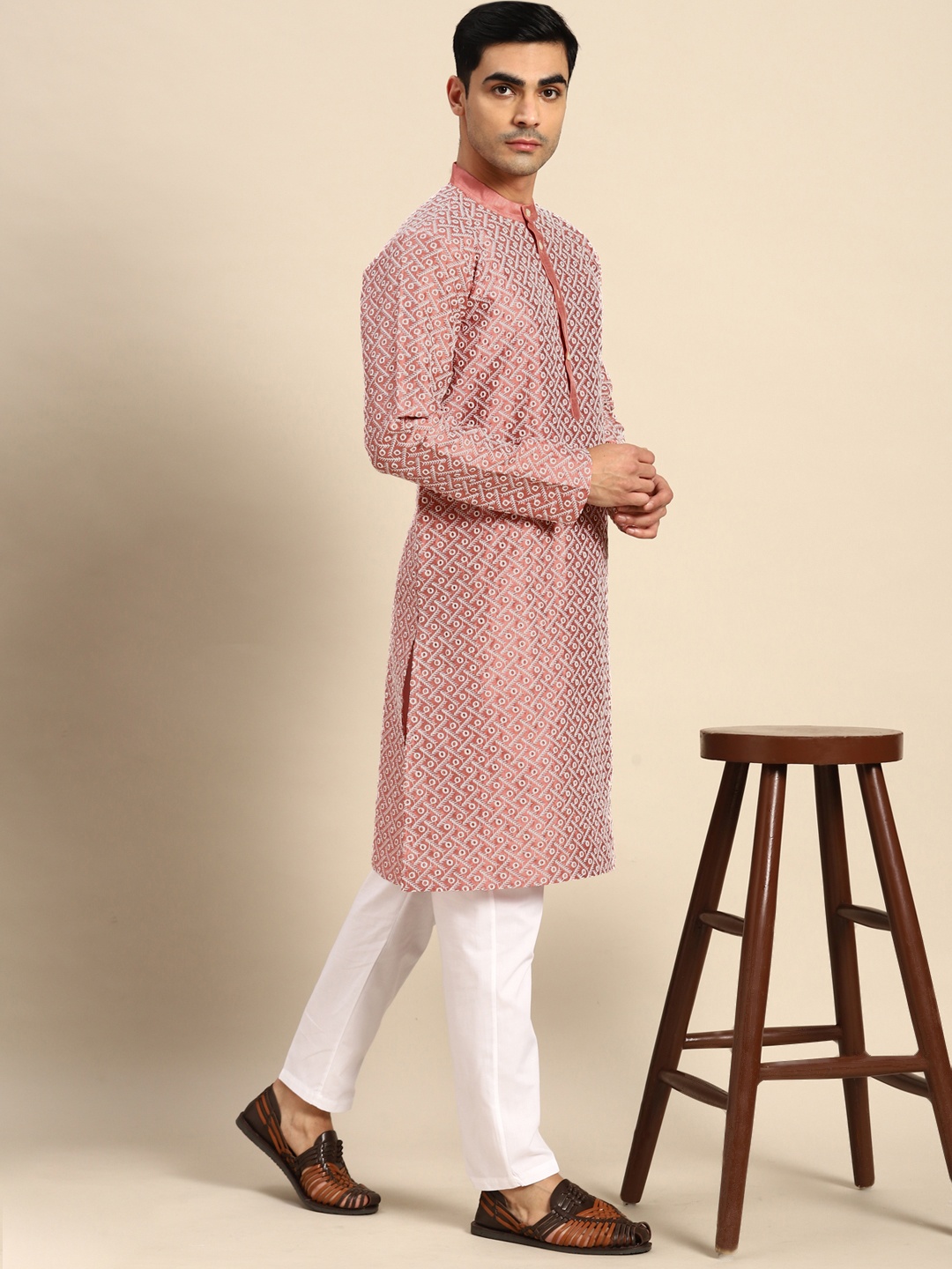 

Anouk Embroidered Chikankari Dupion Silk Kurta with Pyjamas, Peach