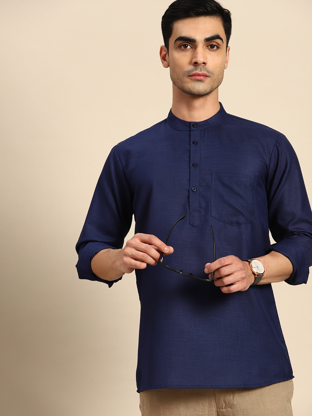 

Anouk Pure Cotton Solid Kurta, Navy blue