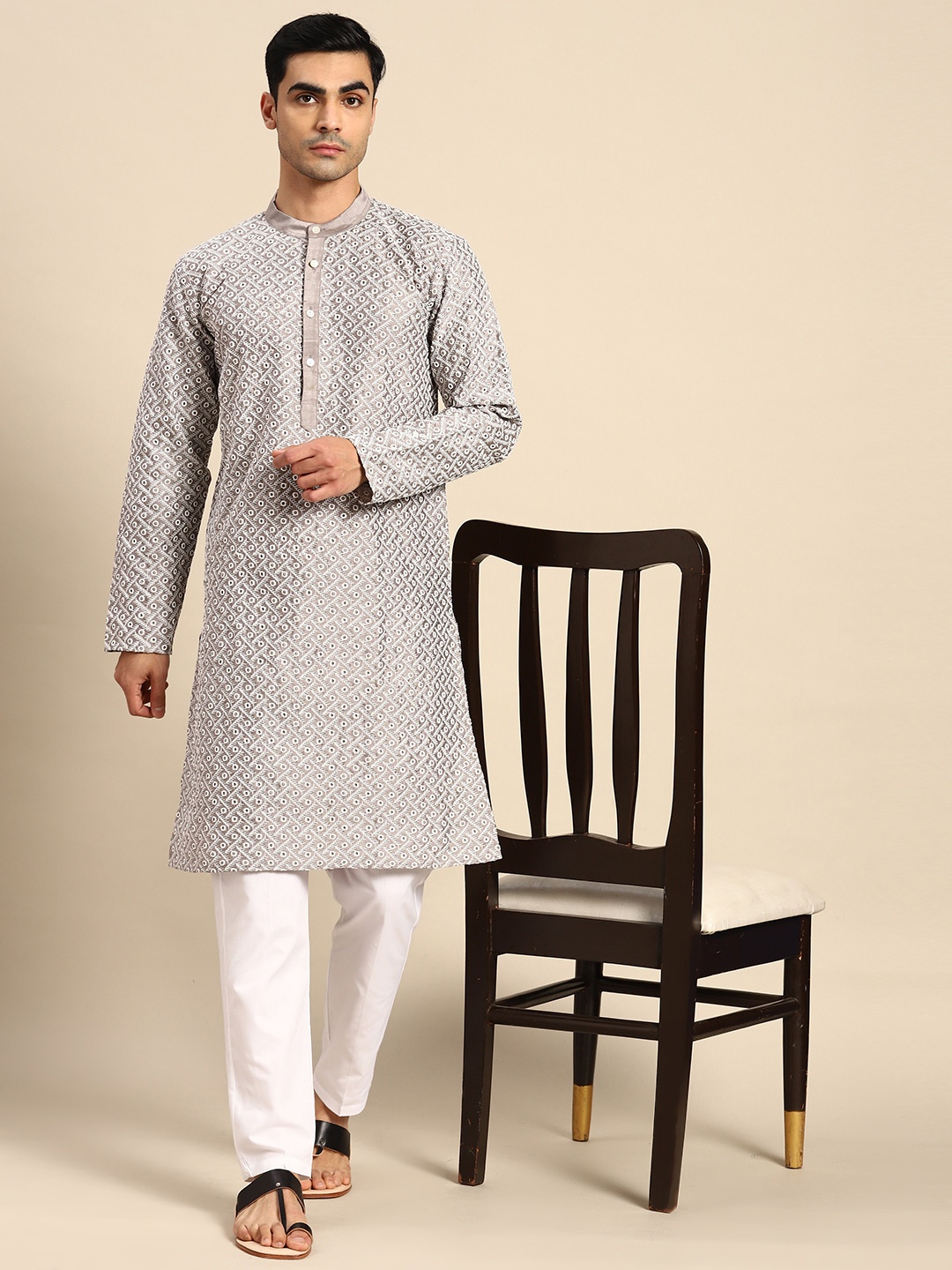 

Anouk Embroidered Chikankari Dupion Silk Kurta With Pyjamas, Grey