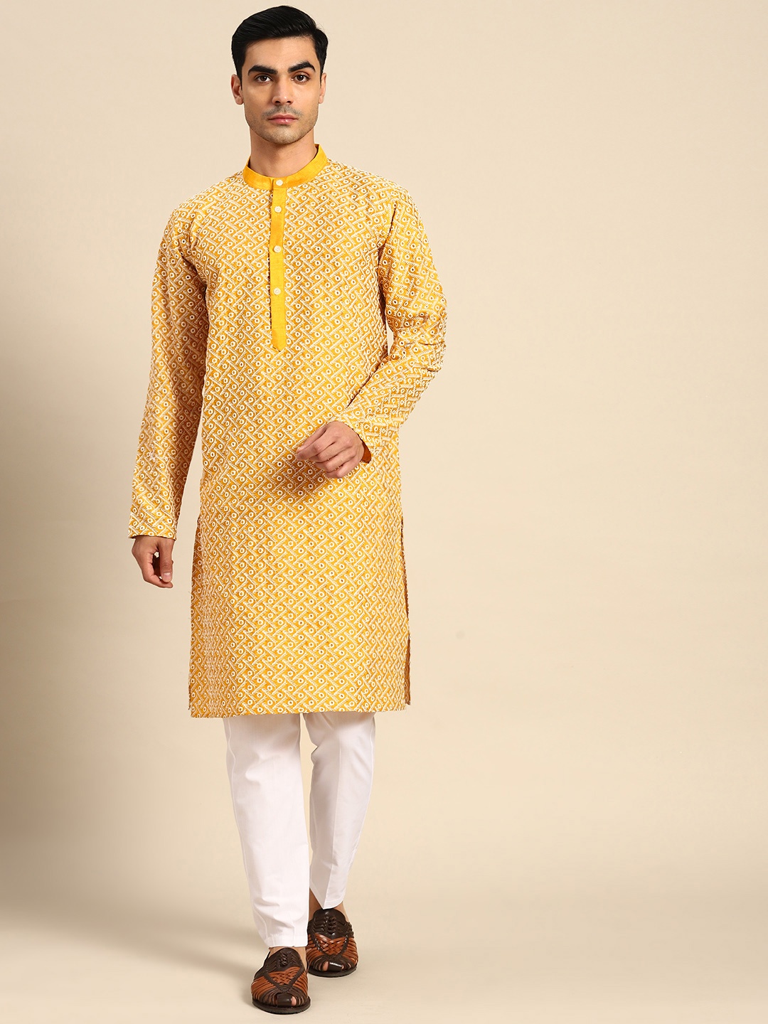 

Anouk Embroidered Chikankari Dupion Silk Kurta With Pyjamas, Mustard