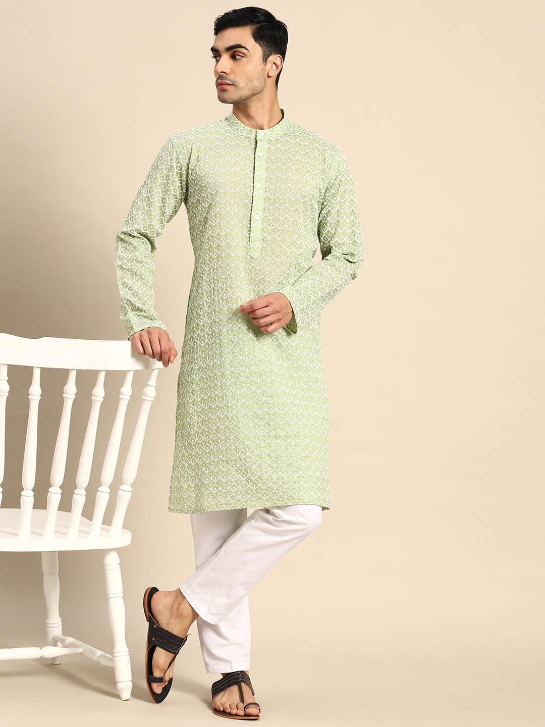 

Anouk Embroidered Chikankari Kurta with Pyjamas, Green