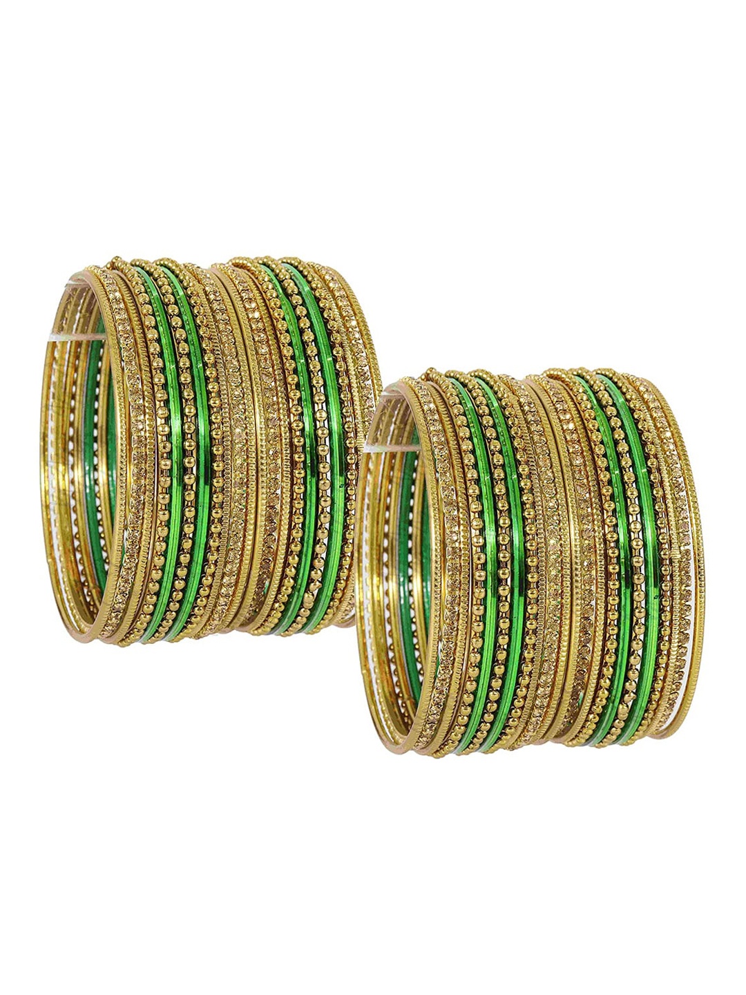 NMII 44Pcs Gold-Toned CZ Studded Ball Chain Linked Metal Bangle Set, Green