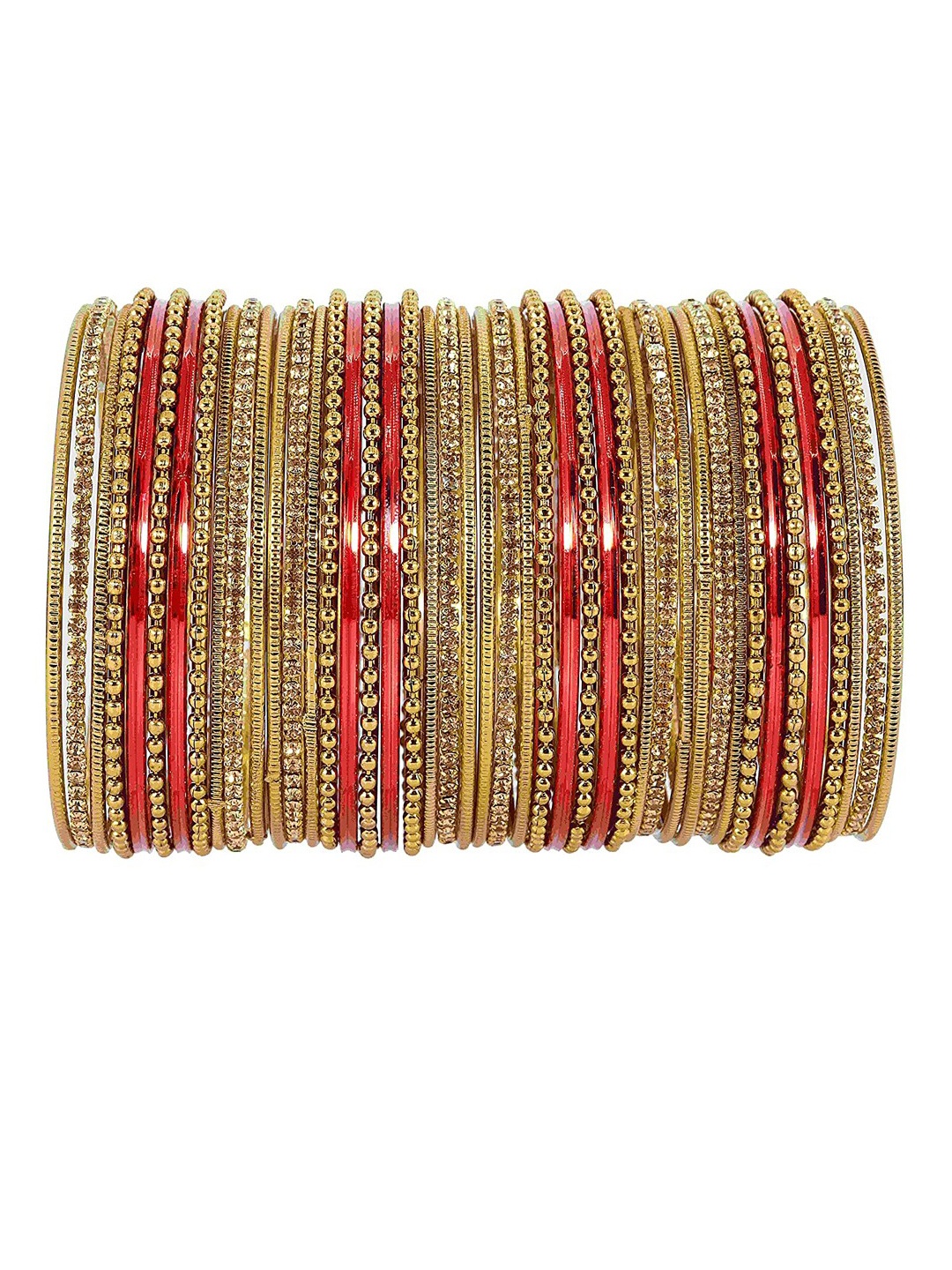 

NMII 44 Pcs Zircon Gemstone Studded Chain Work Bangles, Red