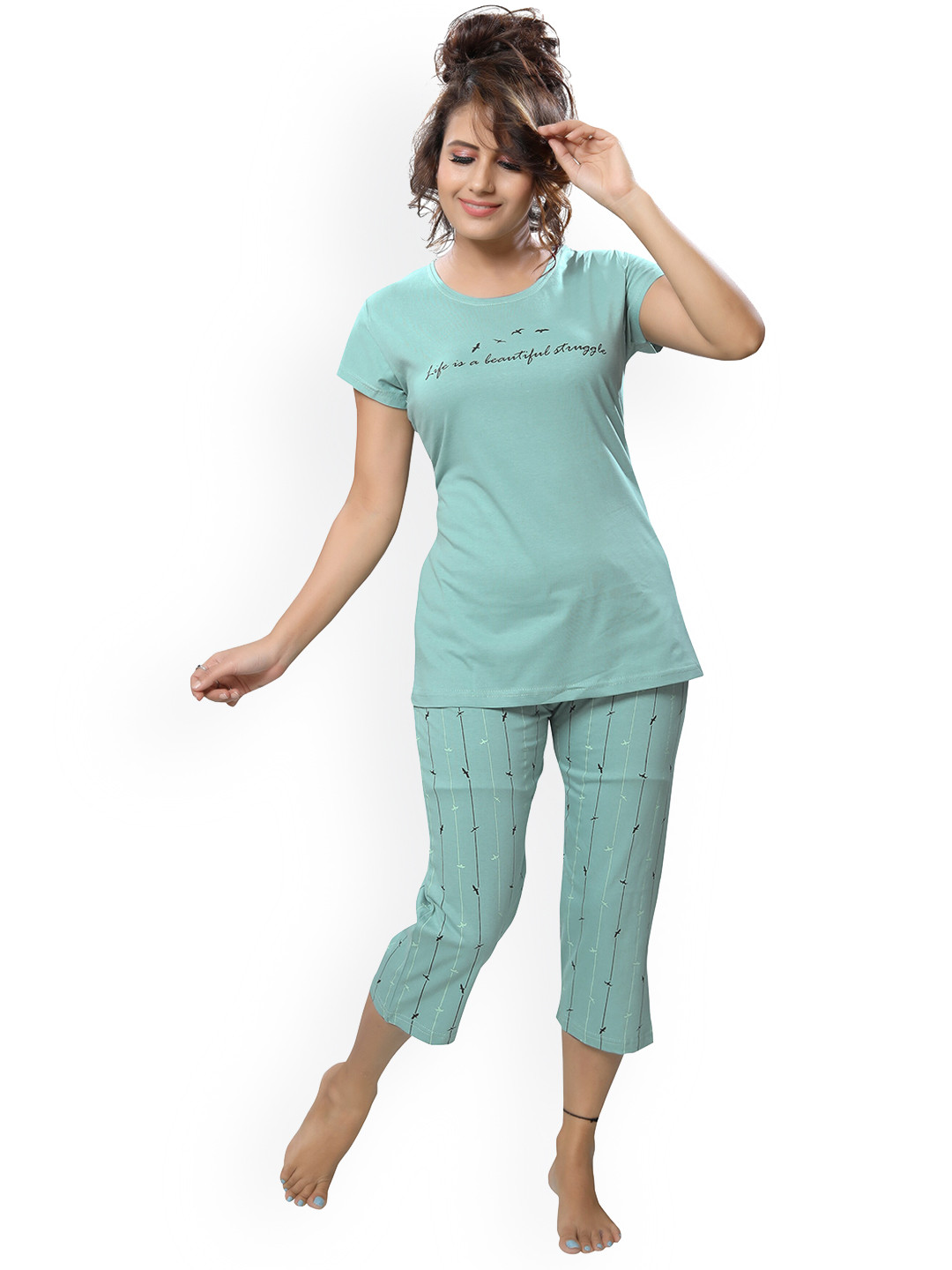 

Shiv Textiles Women Typography Printed Pure Cotton Night Suit, Blue