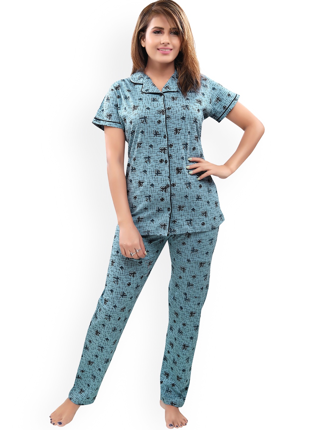 

Shiv Textiles Women Floral Printed Pure Cotton Night Suit, Blue