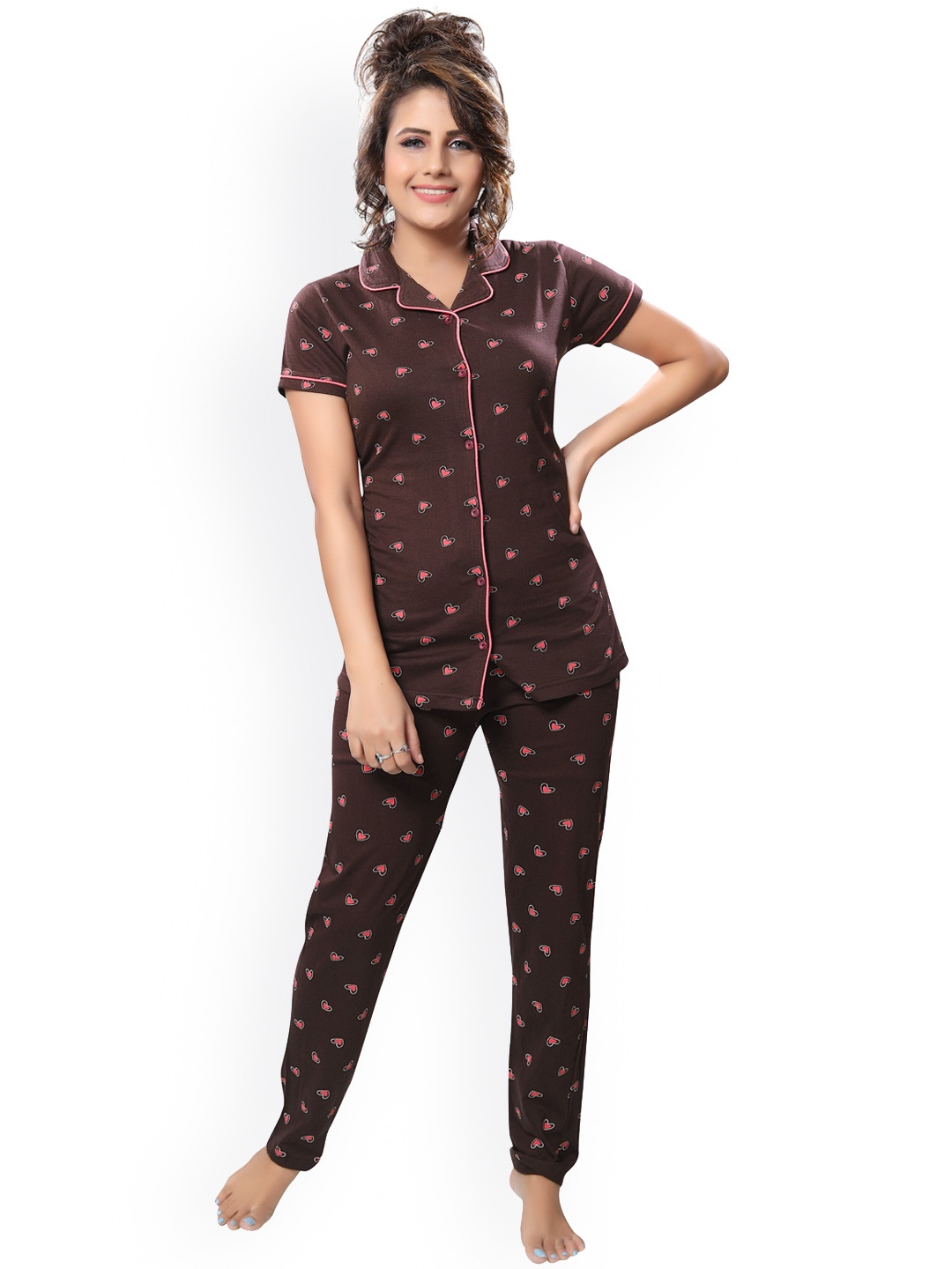 

Shiv Textiles Women Conversational Printed Pure Cotton Night Suit, Brown