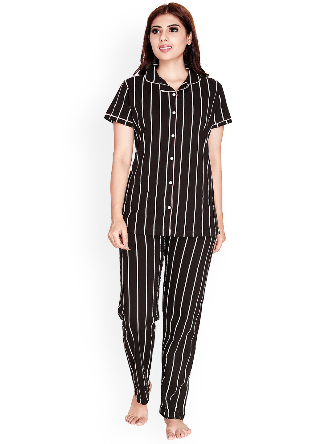 

Shiv Textiles Women Striped Pure Cotton Night Suit, Brown