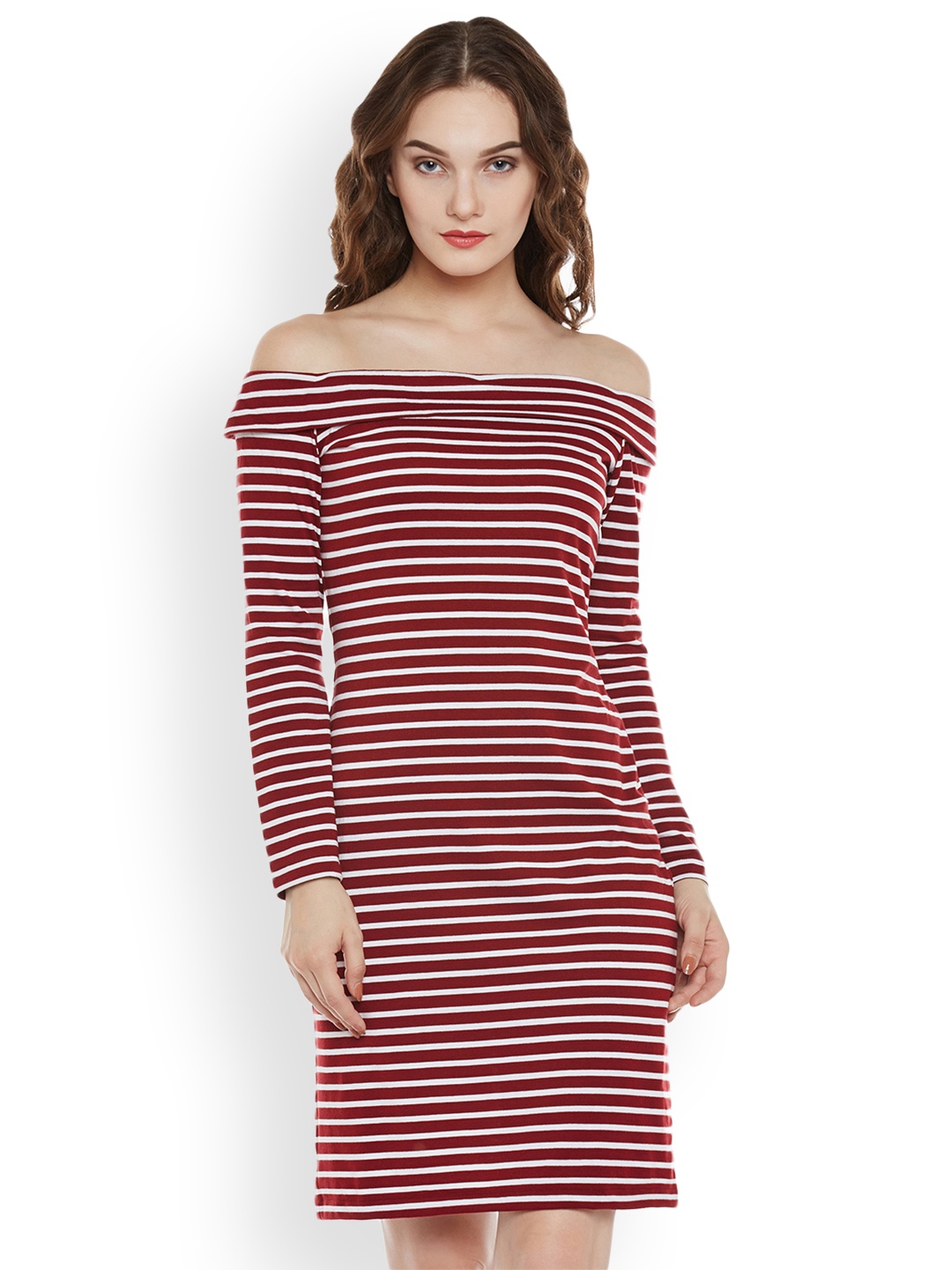 

Miss Chase Women Maroon & White Striped Bodycon Dress