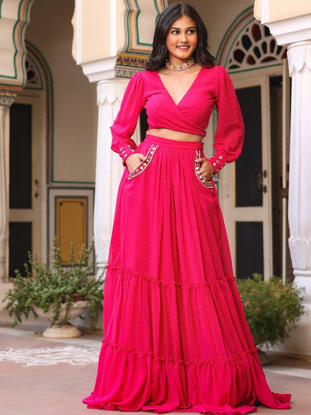 Lavanya The Label Mirror Work Puffed Sleeves Ready to Wear Lehenga & Choli, Pink
