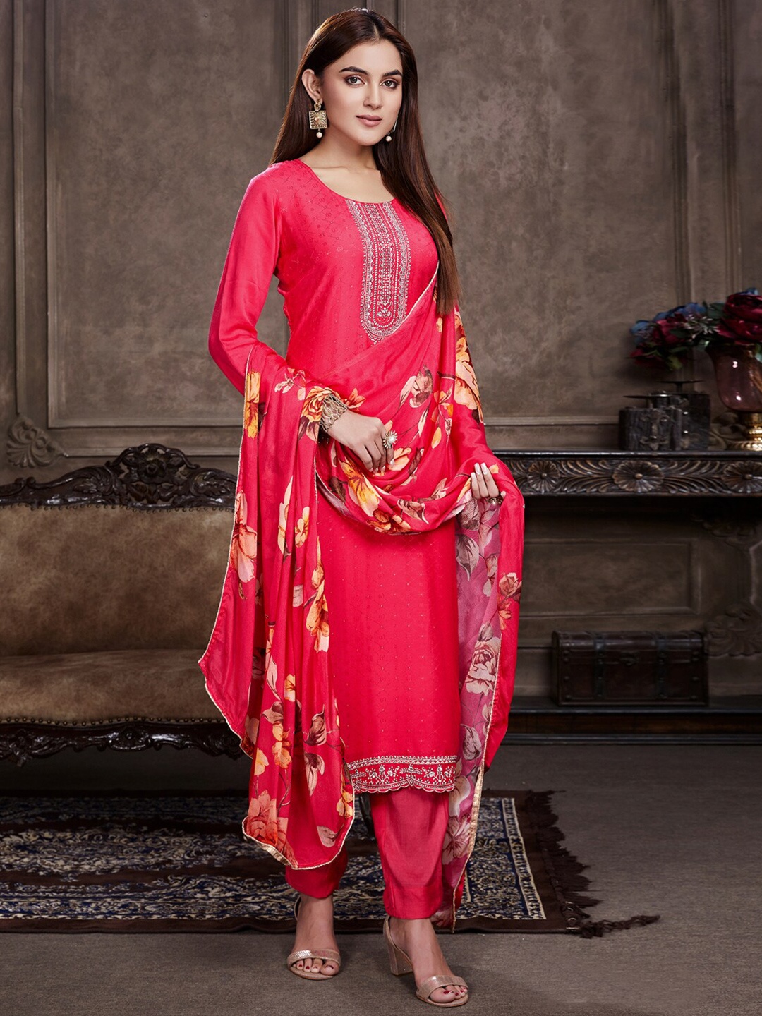 

Stylee LIFESTYLE Embroidered Pure Silk Unstitched Dress Material, Magenta