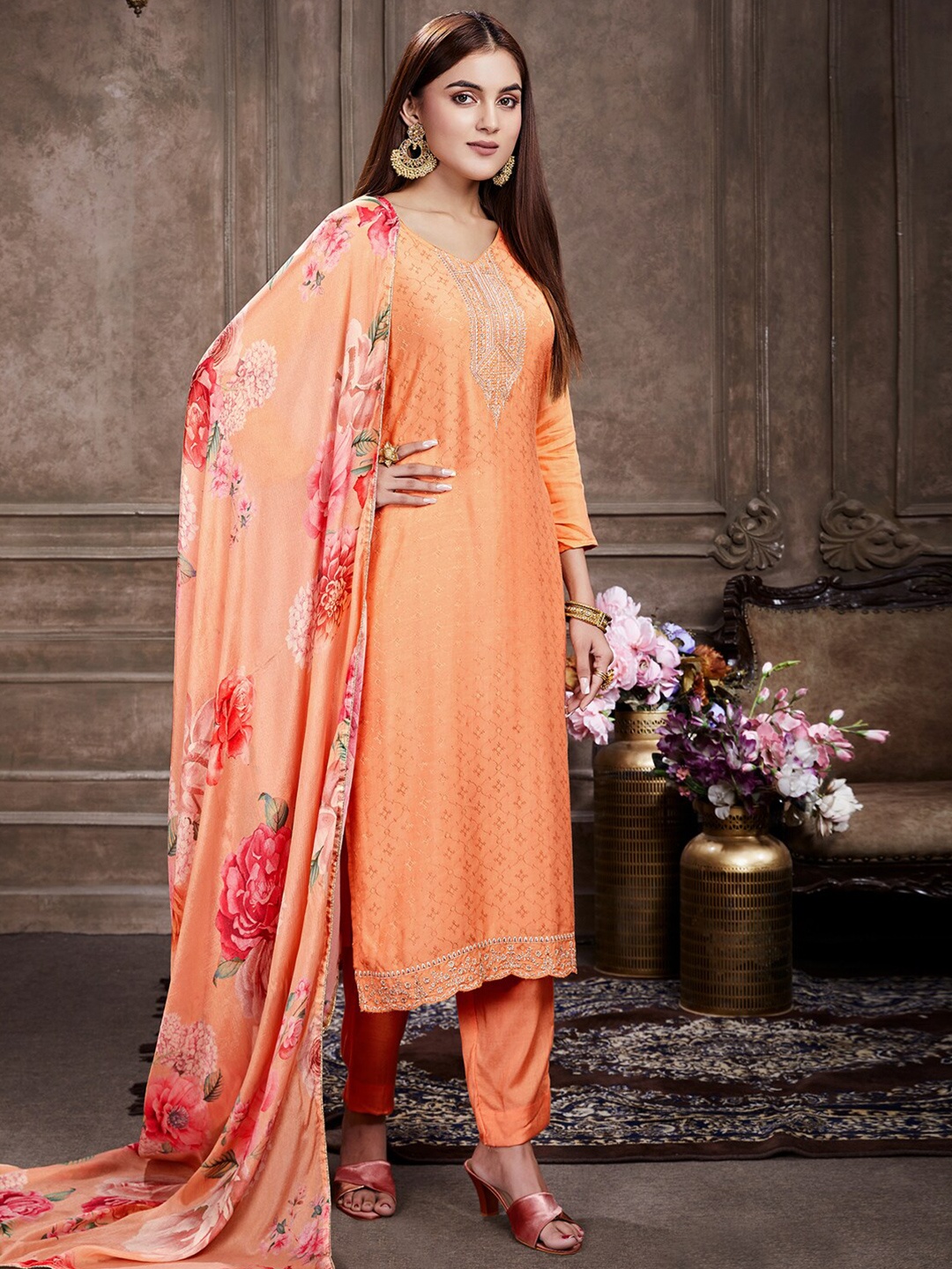 

Stylee LIFESTYLE Embroidered Pure Silk Unstitched Dress Material, Peach