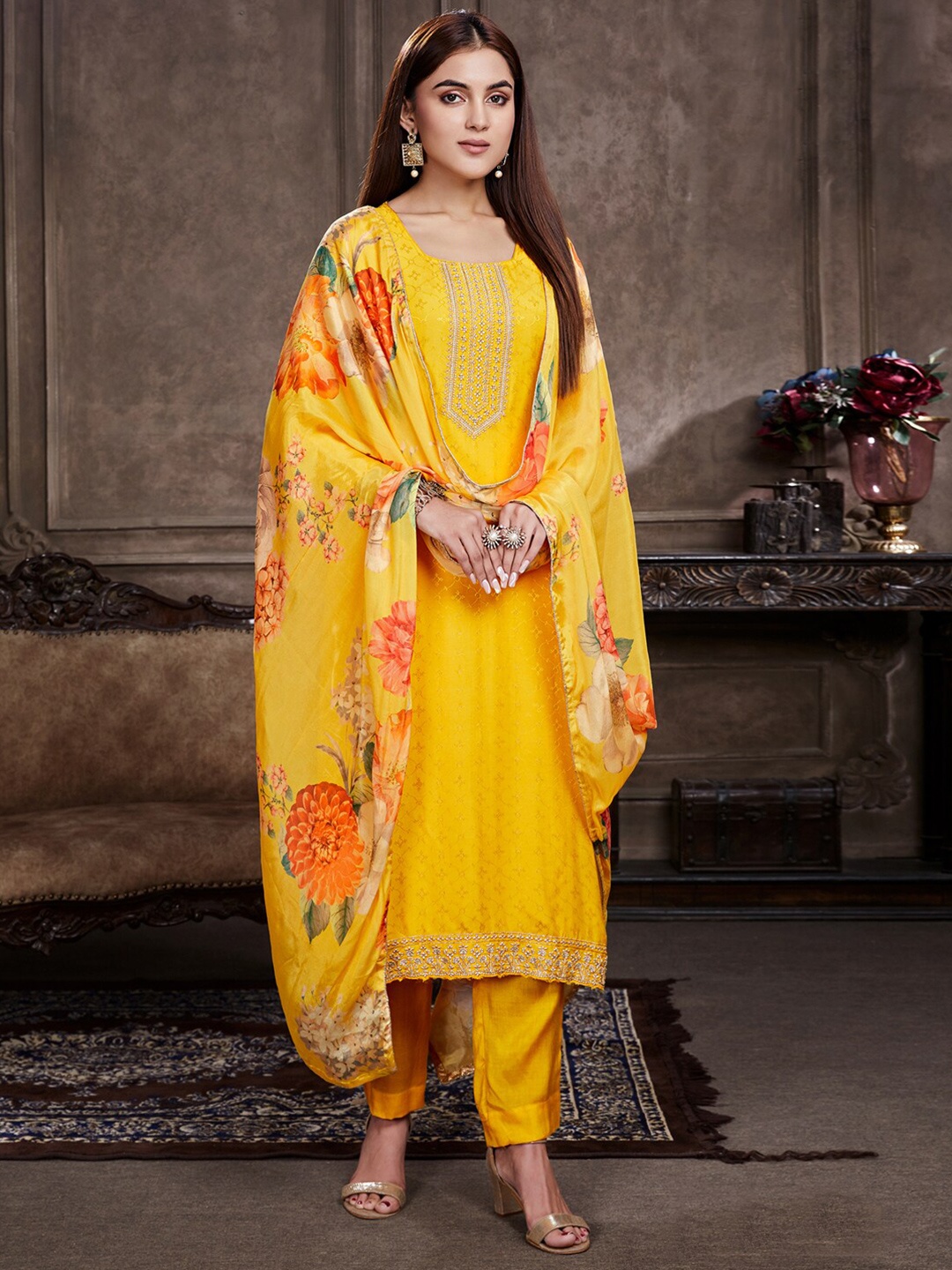 

Stylee LIFESTYLE Embroidered Pure Silk Unstitched Dress Material, Yellow