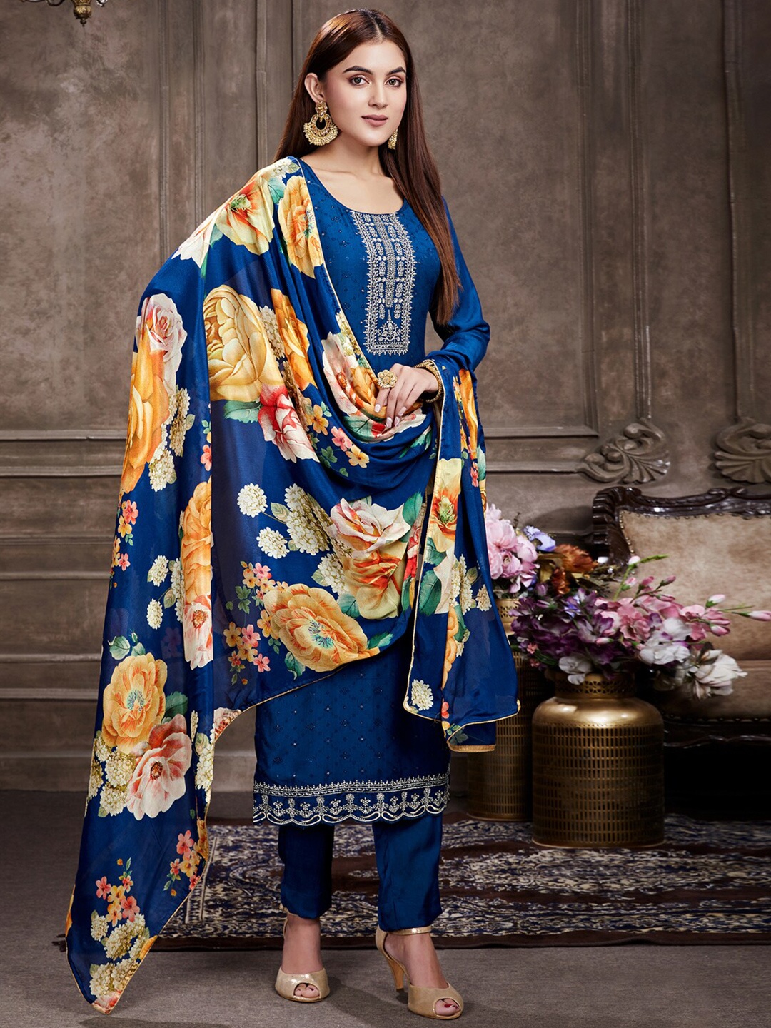 

Stylee LIFESTYLE Embroidered Pure Silk Unstitched Dress Material, Navy blue