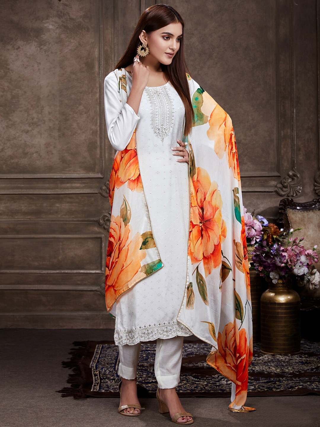 

Stylee LIFESTYLE Embroidered Pure Silk Unstitched Dress Material, Off white