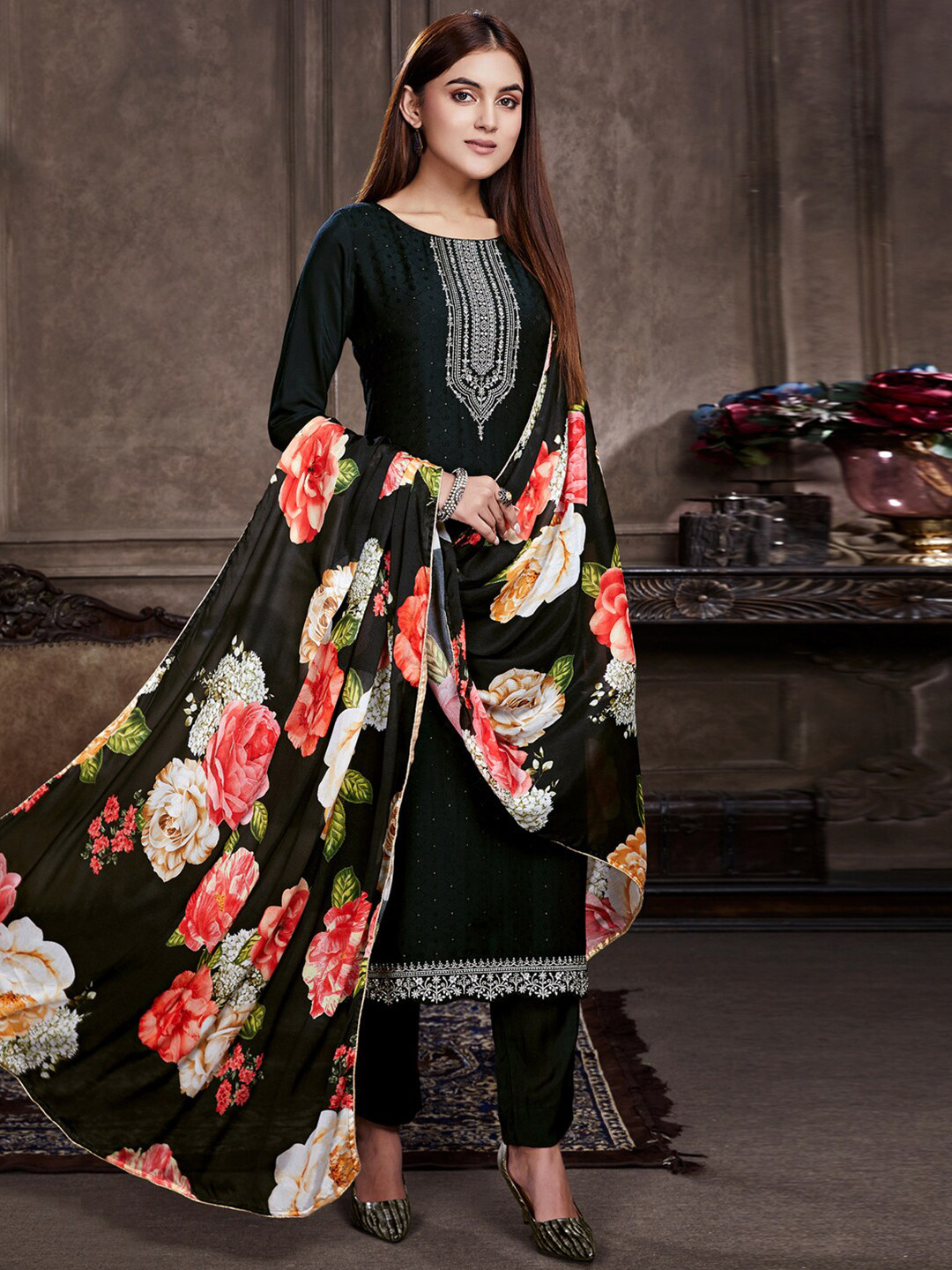 

Stylee LIFESTYLE Embroidered Pure Silk Unstitched Dress Material, Black