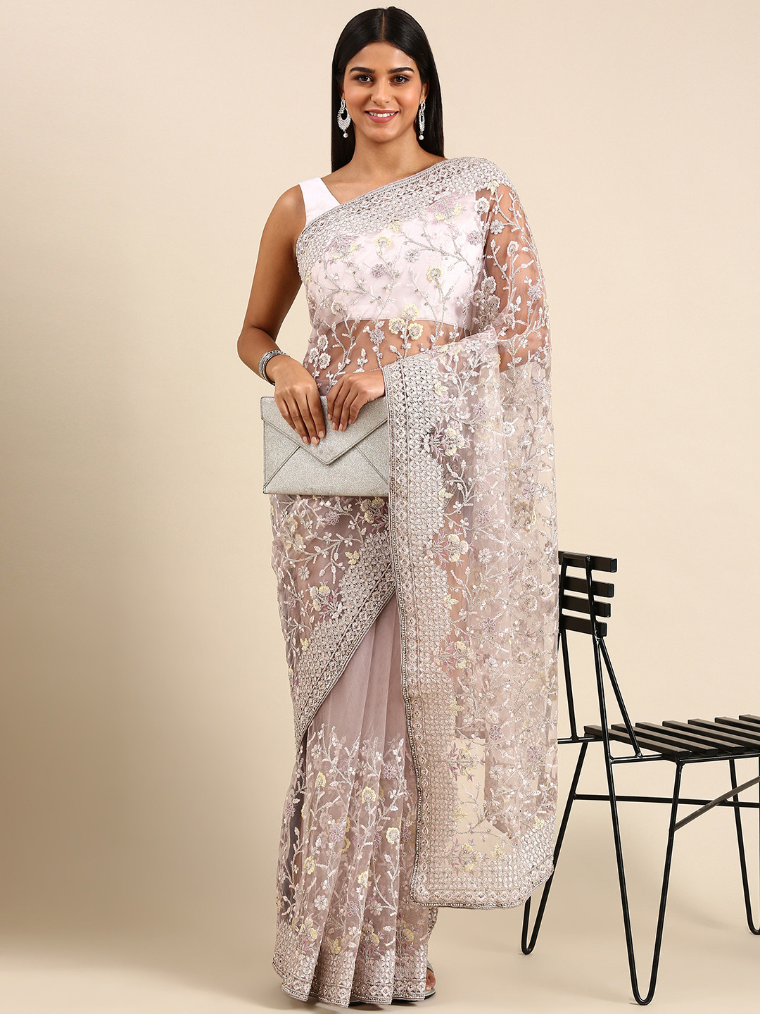 

kasee Floral Embroidered Net Saree, Lavender