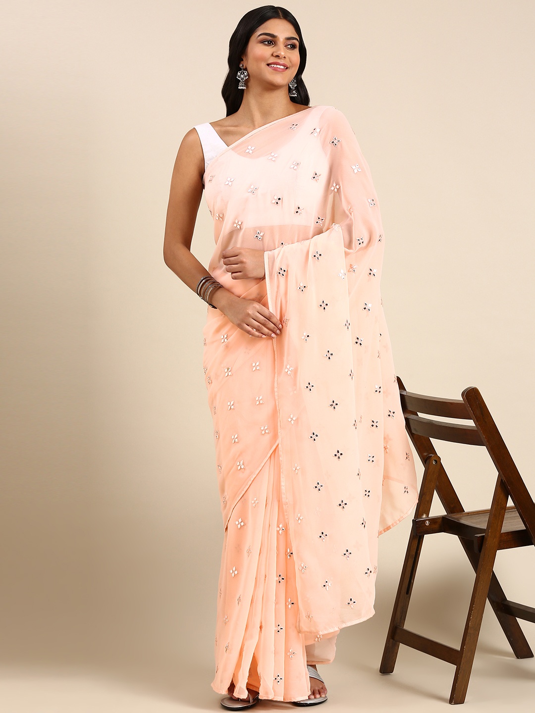 

kasee Ethnic Motifs Embroidered Saree, Peach