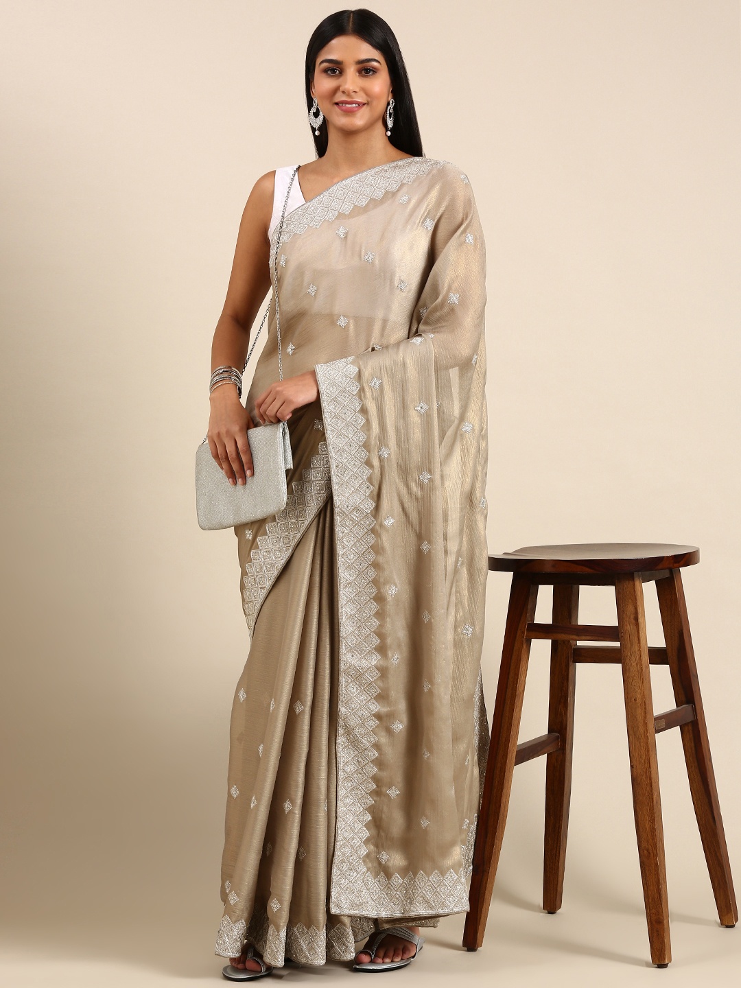 

kasee Ethnic Motifs Zari Pure Chiffon Saree, Beige