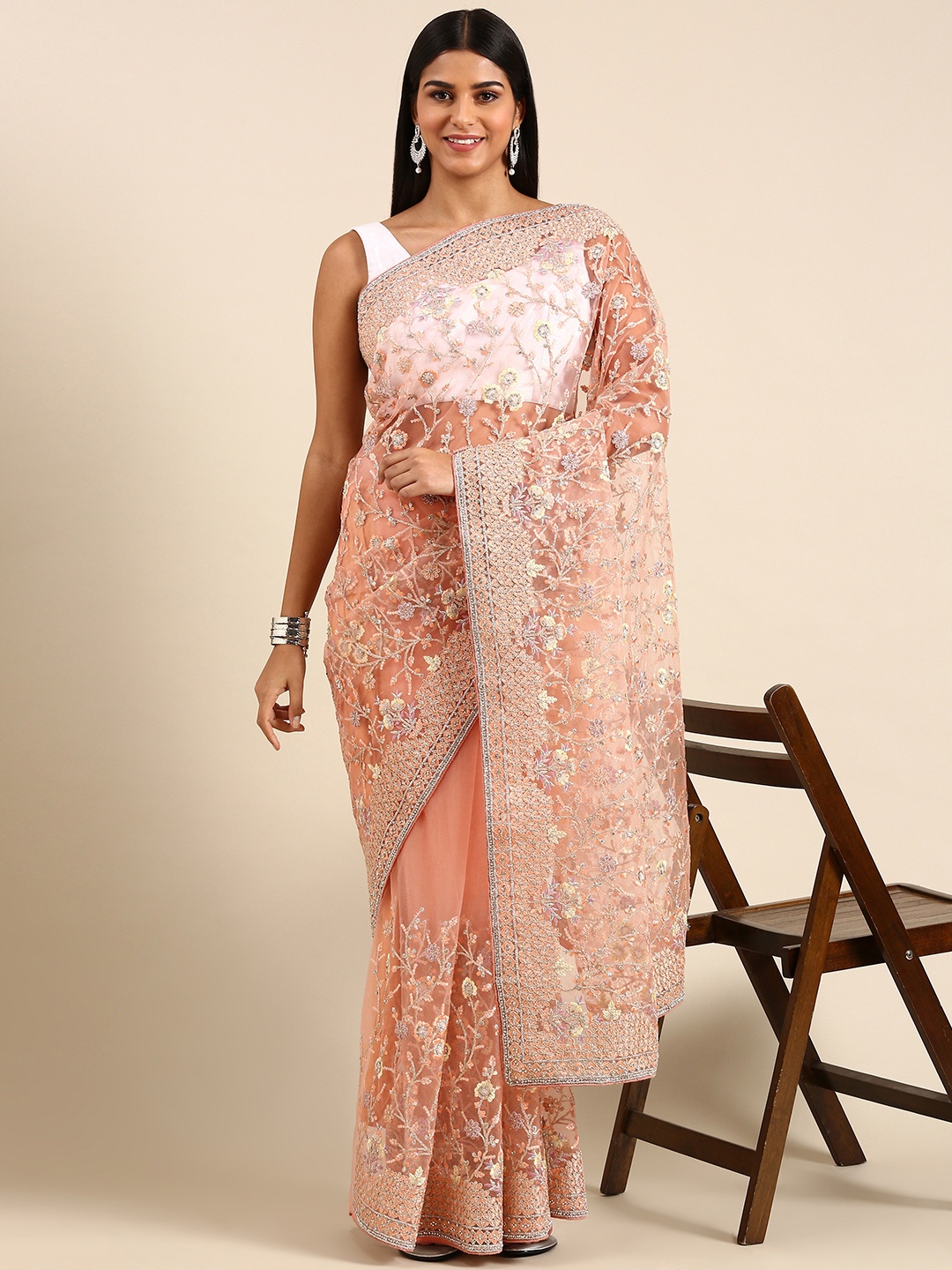

kasee Floral Embroidered Net Saree, Peach