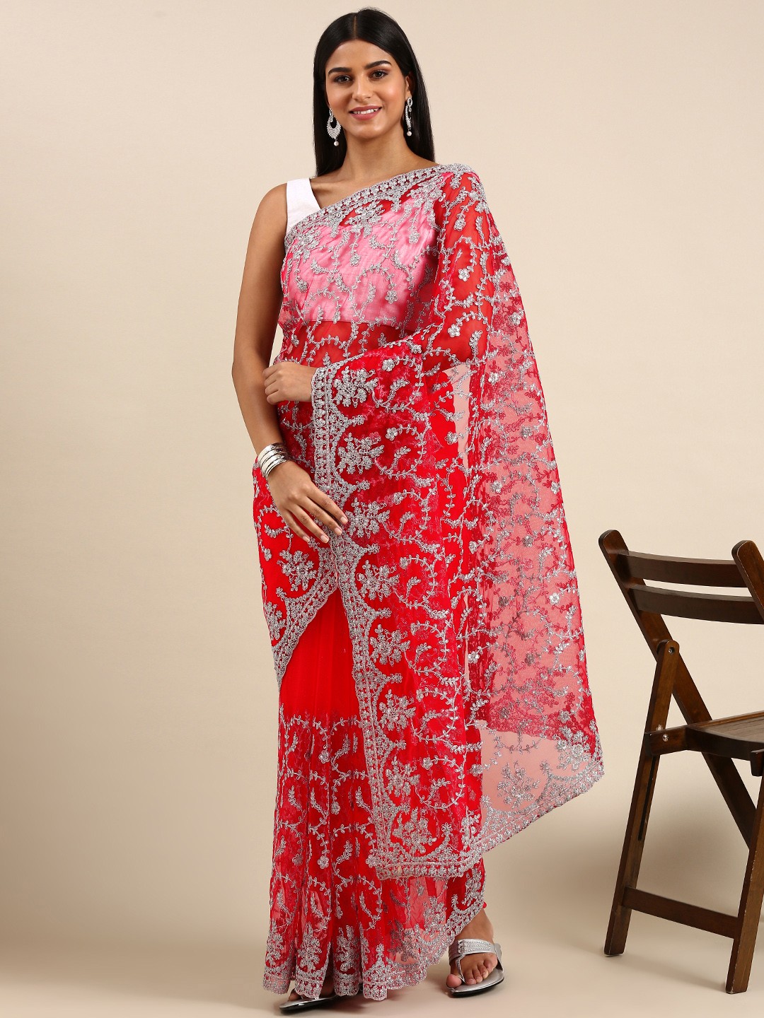 

kasee Floral Embroidered Net Saree, Red