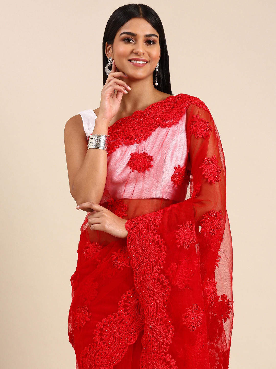 

kasee Ethnic Motifs Embroidered Net Saree, Red