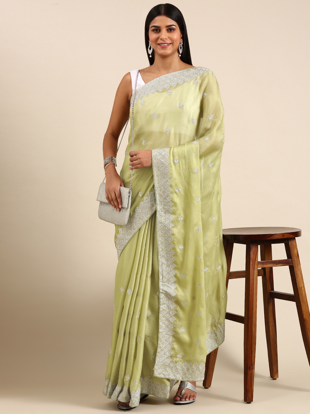 

kasee Ethnic Motifs Embroidered Pure Chiffon Saree, Lime green