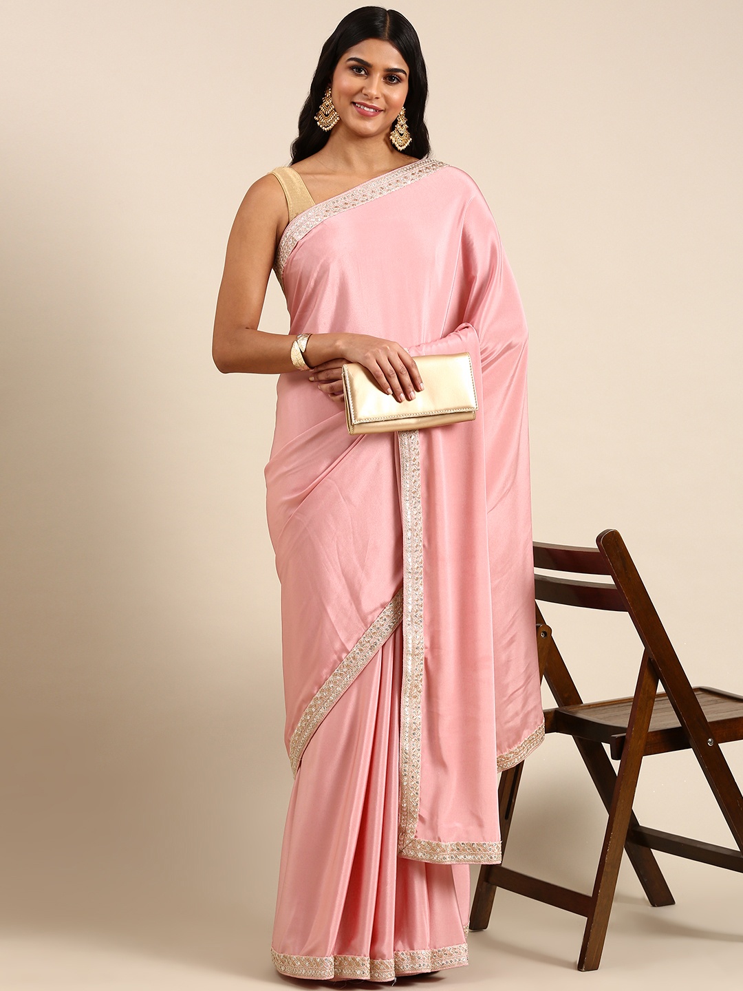 

kasee Sequinned Embroidered Satin Saree, Pink