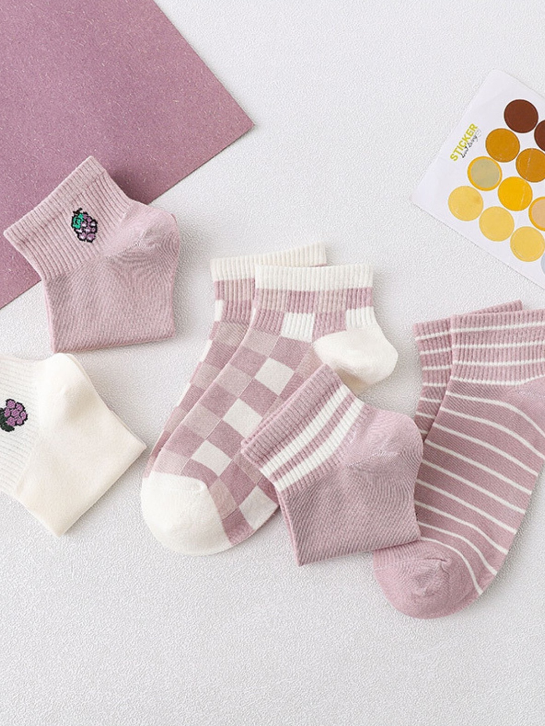 

YOUSTYLO Pack Of 5 Patterned Moisture Wicking Cotton Ankle-Length Socks, Pink
